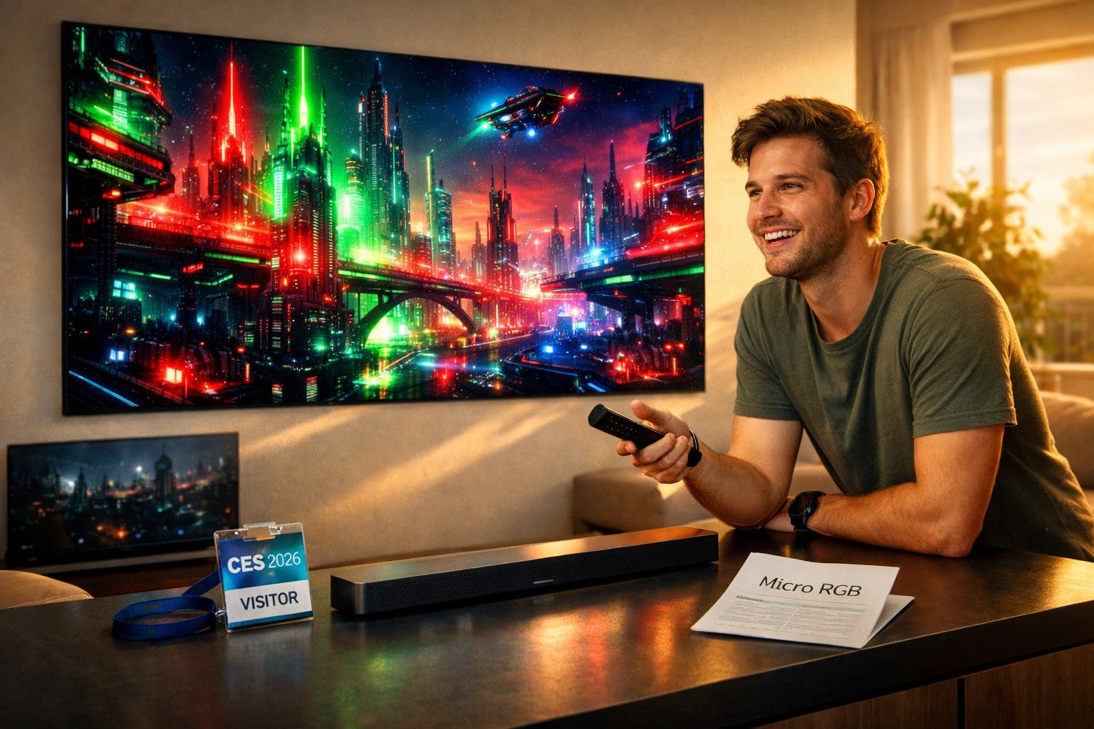 Homem sorridente sentado numa sala a segurar comando, com imagem futurista colorida numa televisão.