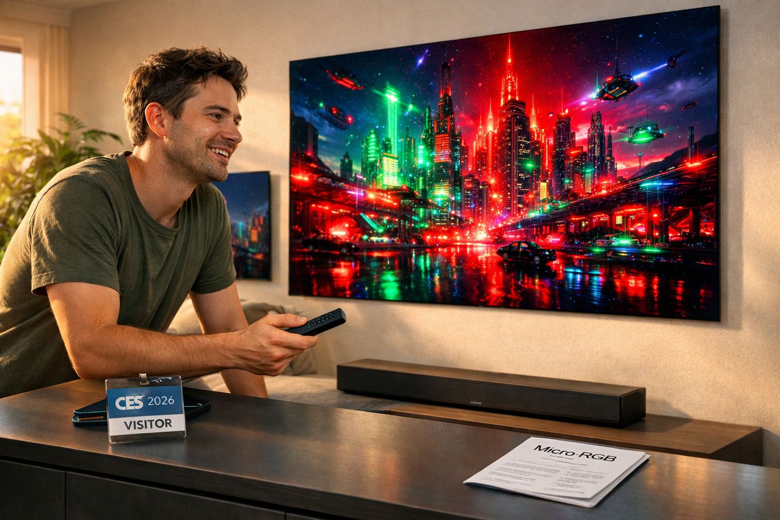 Homem sorridente a usar comando TV para ver cidade futurista colorida em ecrã grande em sala iluminada.