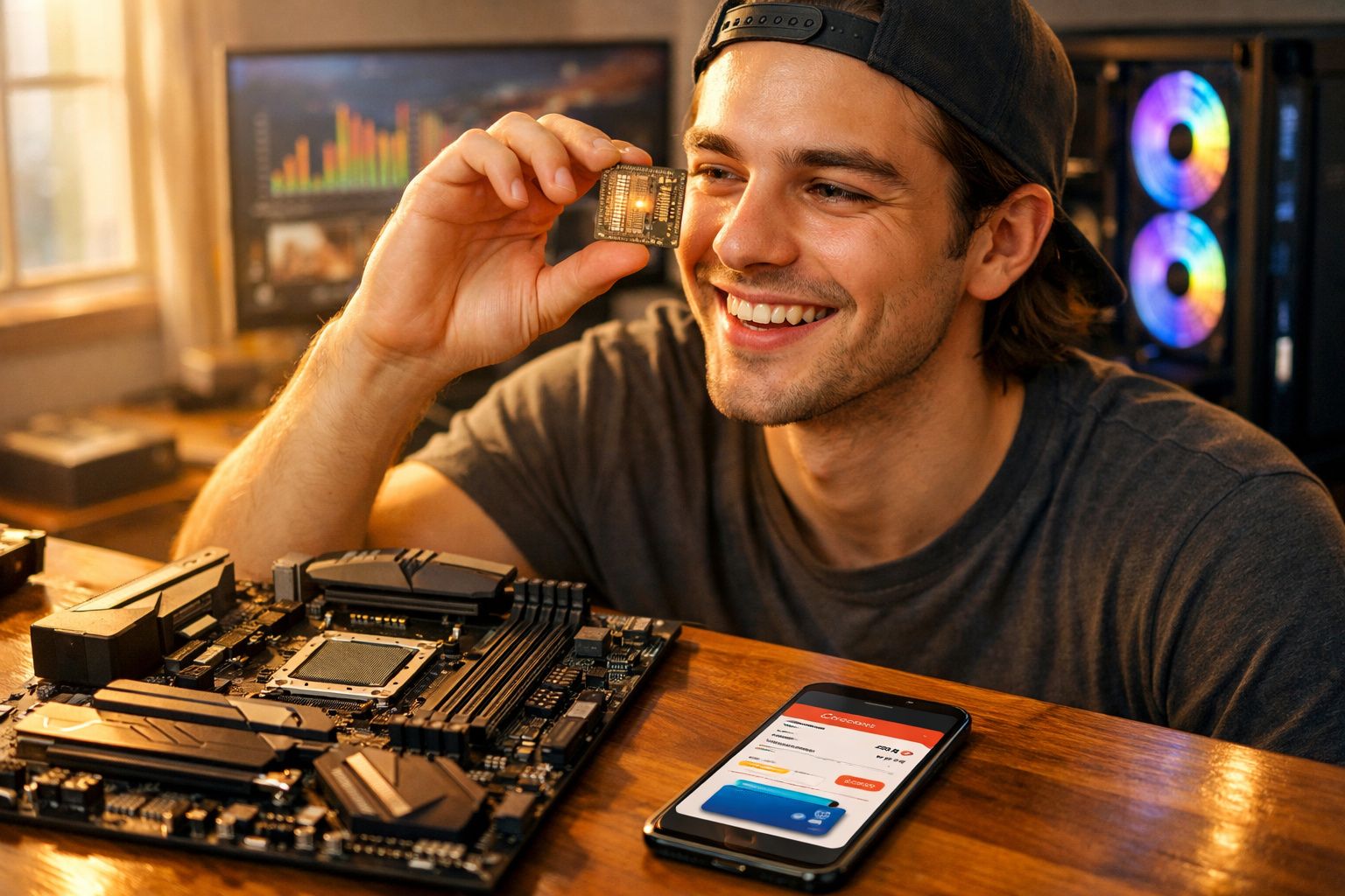 Jovem sorridente segura um chip junto a uma motherboard numa mesa com telefone e computador iluminado.