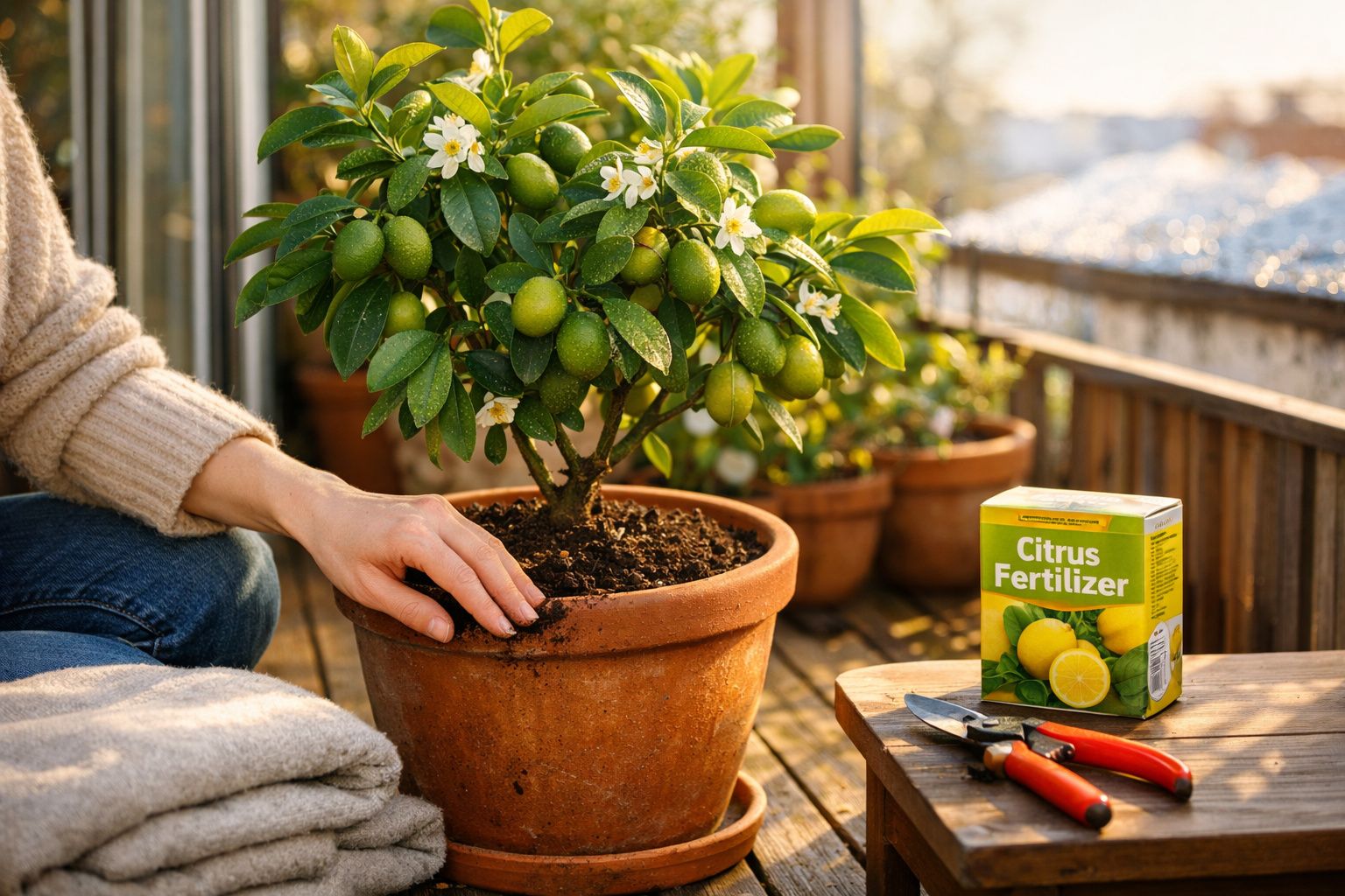 Mãos a cuidar de uma planta de citrinos com frutos verdes num vaso de barro, caixa de fertilizante e tesoura de poda.