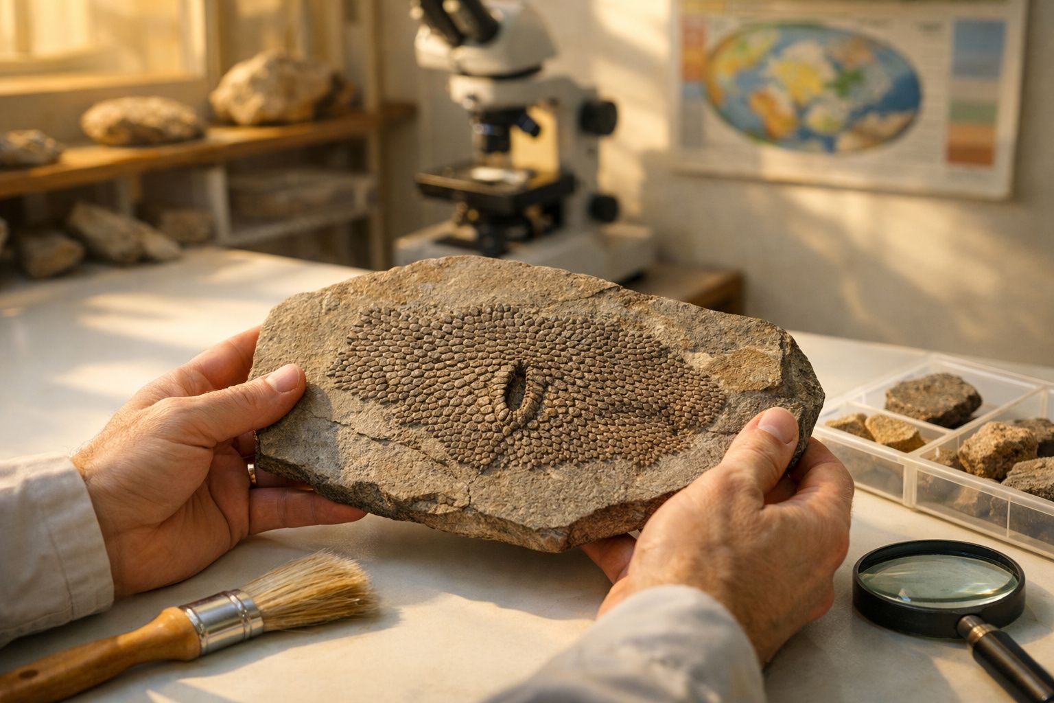 Mãos seguram fóssil de pele de réptil em pedra numa mesa com lupa, pincel e microscópio ao fundo.