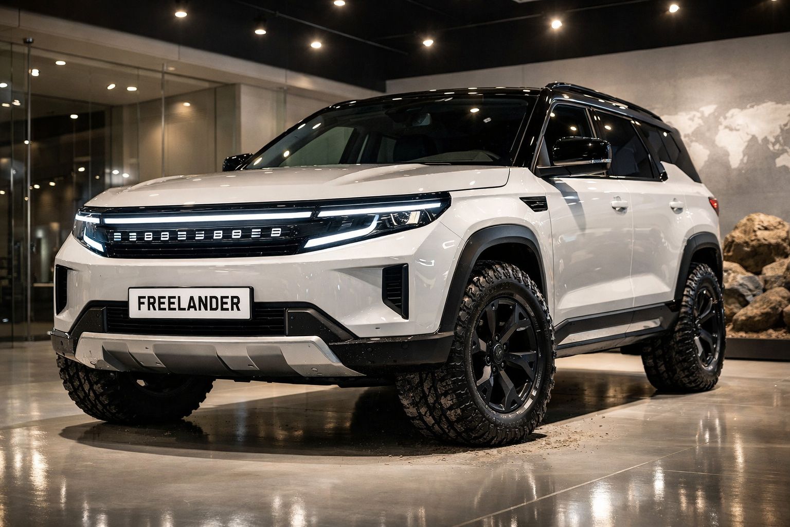 Veículo SUV branco Land Rover Freelander estacionado em interior moderno com pneus todo-o-terreno.