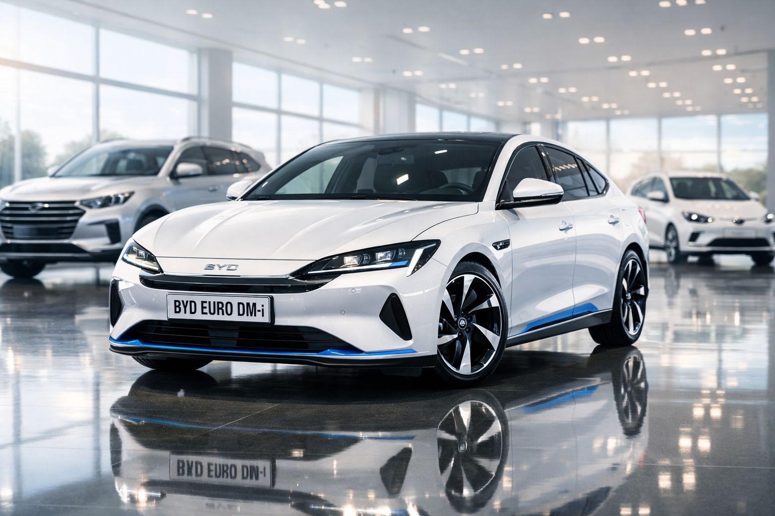 Carro elétrico BYD Euro DM-i branco exposto num salão moderno com carros em fundo desfocado.