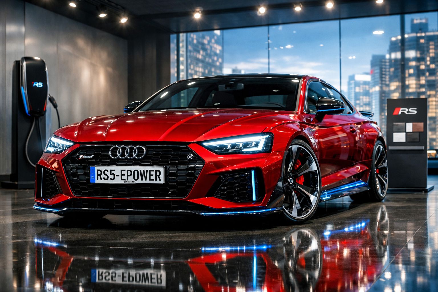 Carro desportivo Audi RS5 vermelho estacionado em interior moderno com carregador elétrico ao fundo.