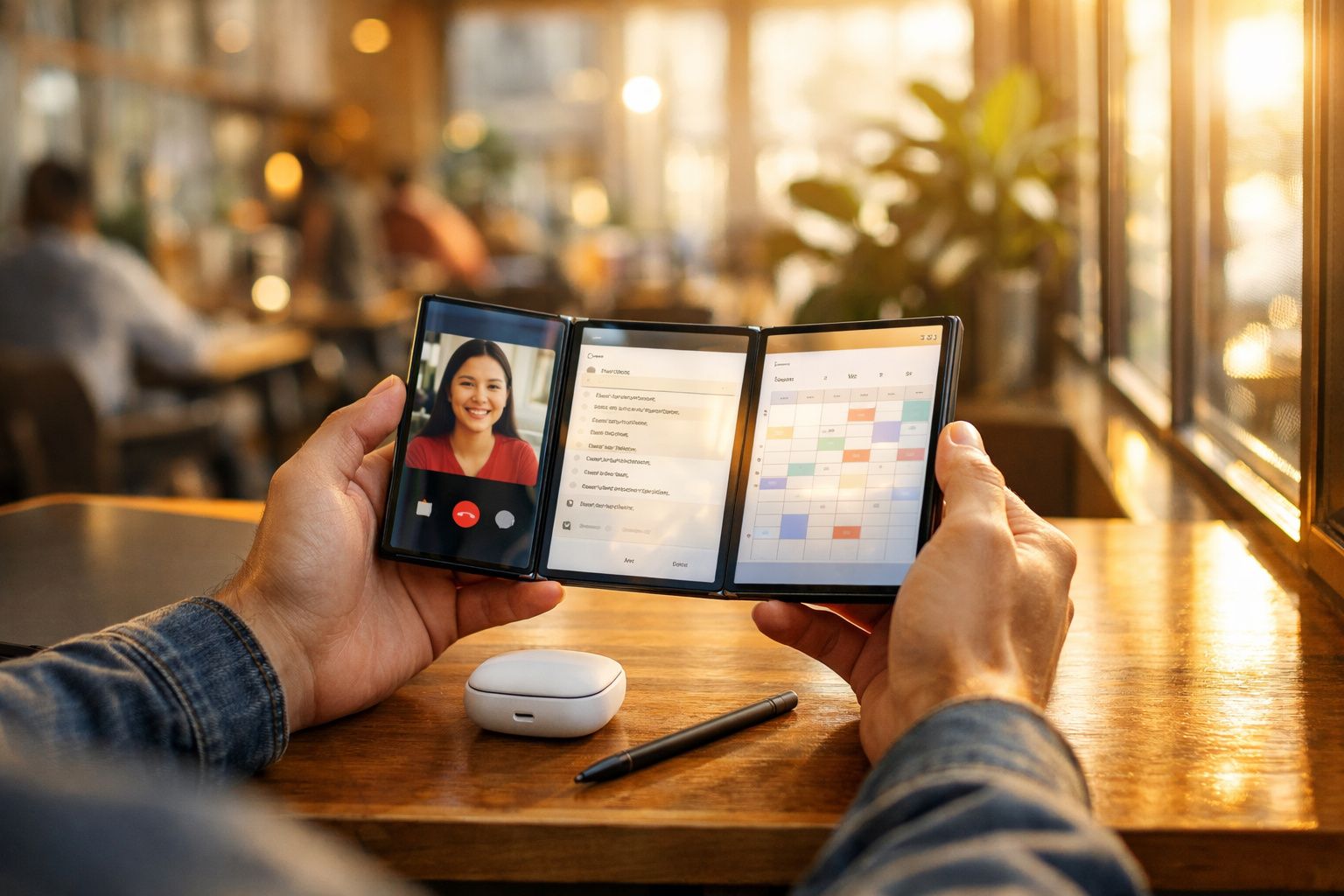 Pessoa segura smartphone dobrável aberto com videochamada, lista de tarefas e calendário num café iluminado.