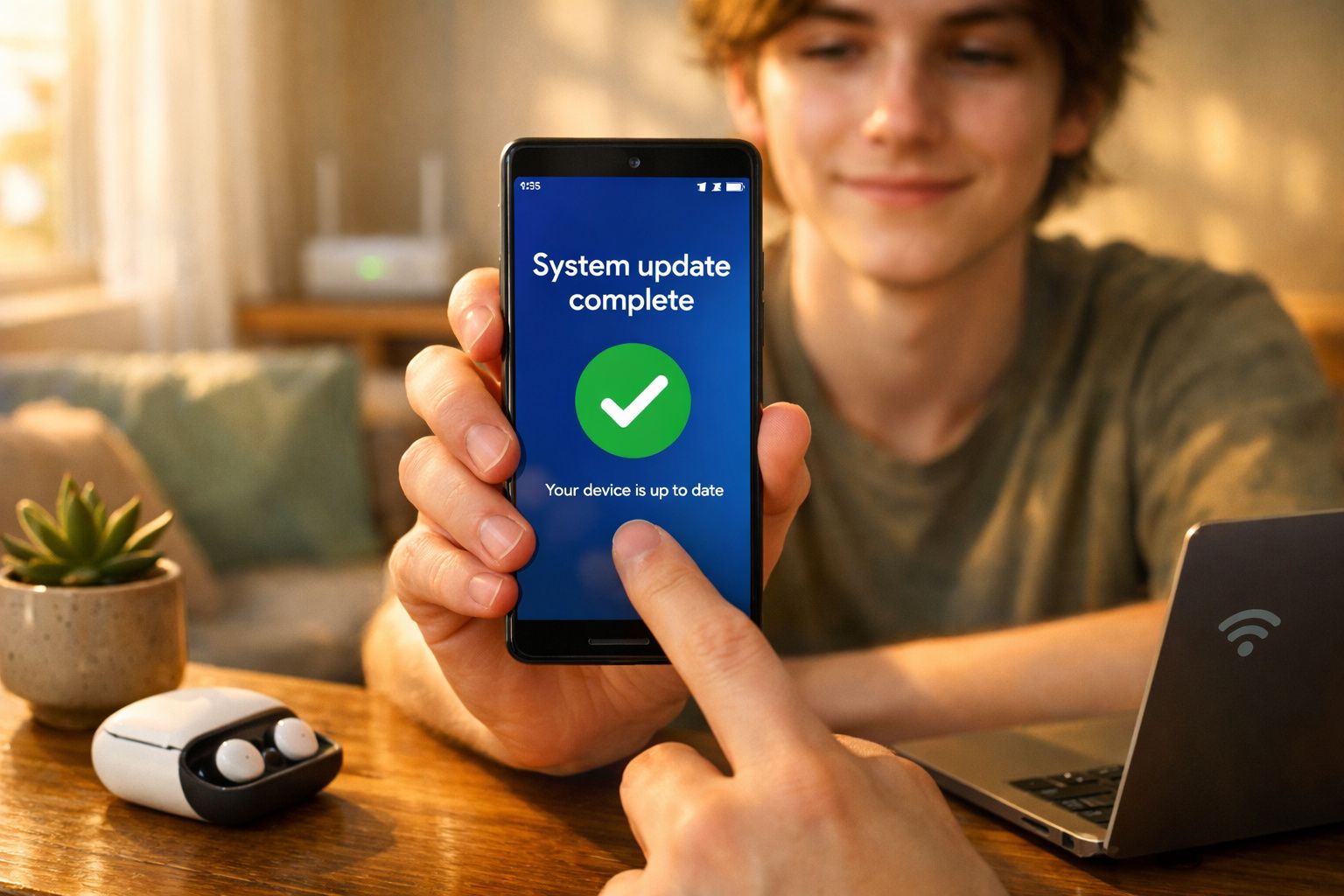 Pessoa a mostrar telemóvel com mensagem de atualização do sistema concluída numa mesa com auscultadores e portátil.