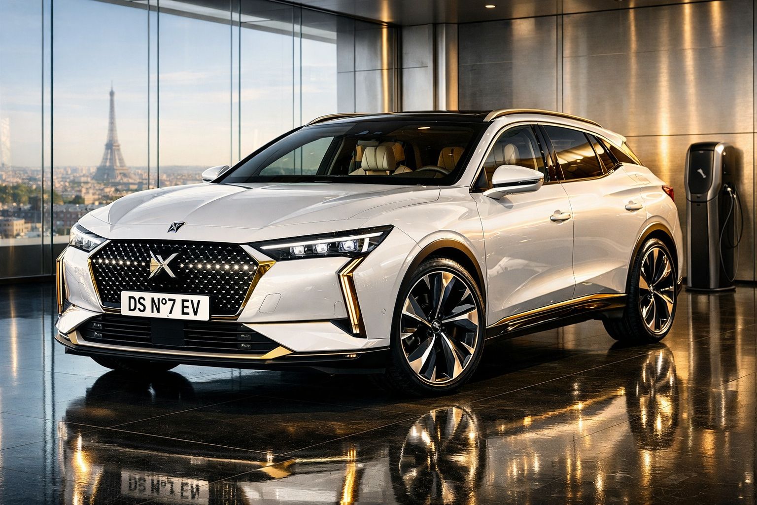 Carro elétrico DS Nº7 EV branco estacionado em interior moderno com vista para a Torre Eiffel em Paris.
