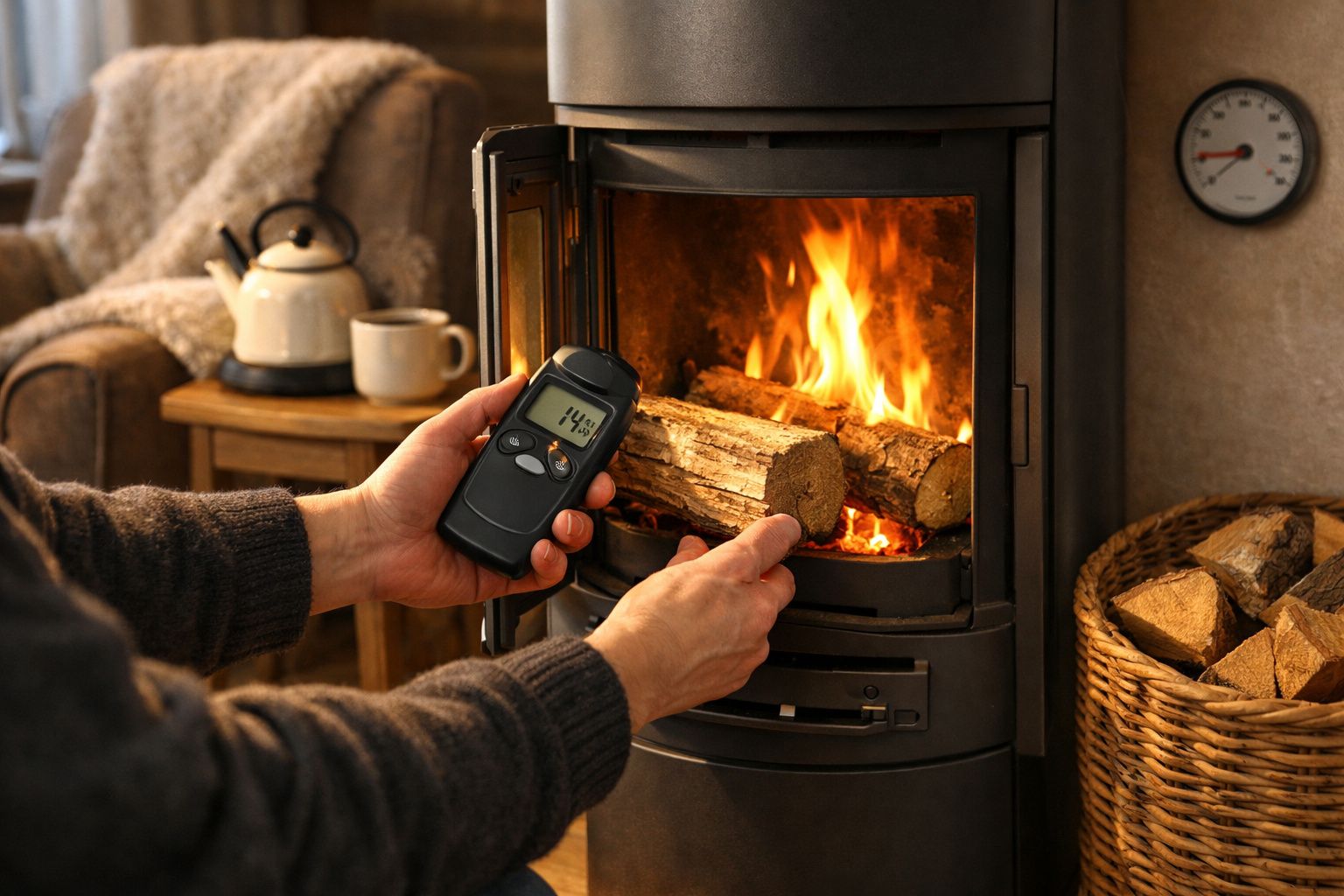 Pessoa medindo a humidade da lenha junto a uma lareira acesa numa sala acolhedora.