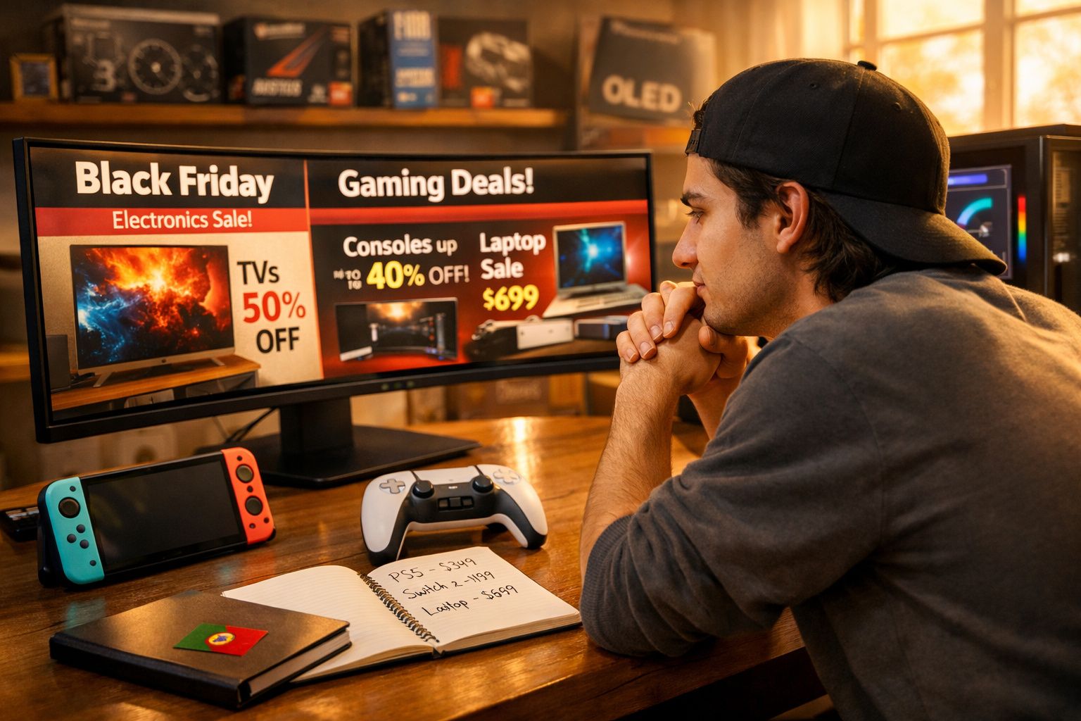 Homem sentado à mesa a olhar para monitor com promoções de Black Friday em eletrónica e jogos.