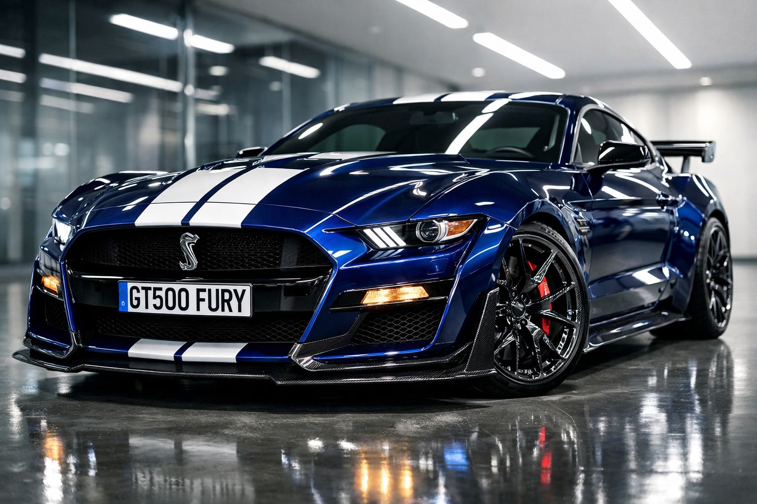 Carro desportivo azul com duas riscas brancas, rodas pretas e pára-choques dianteiro agressivo estacionado em garagem.