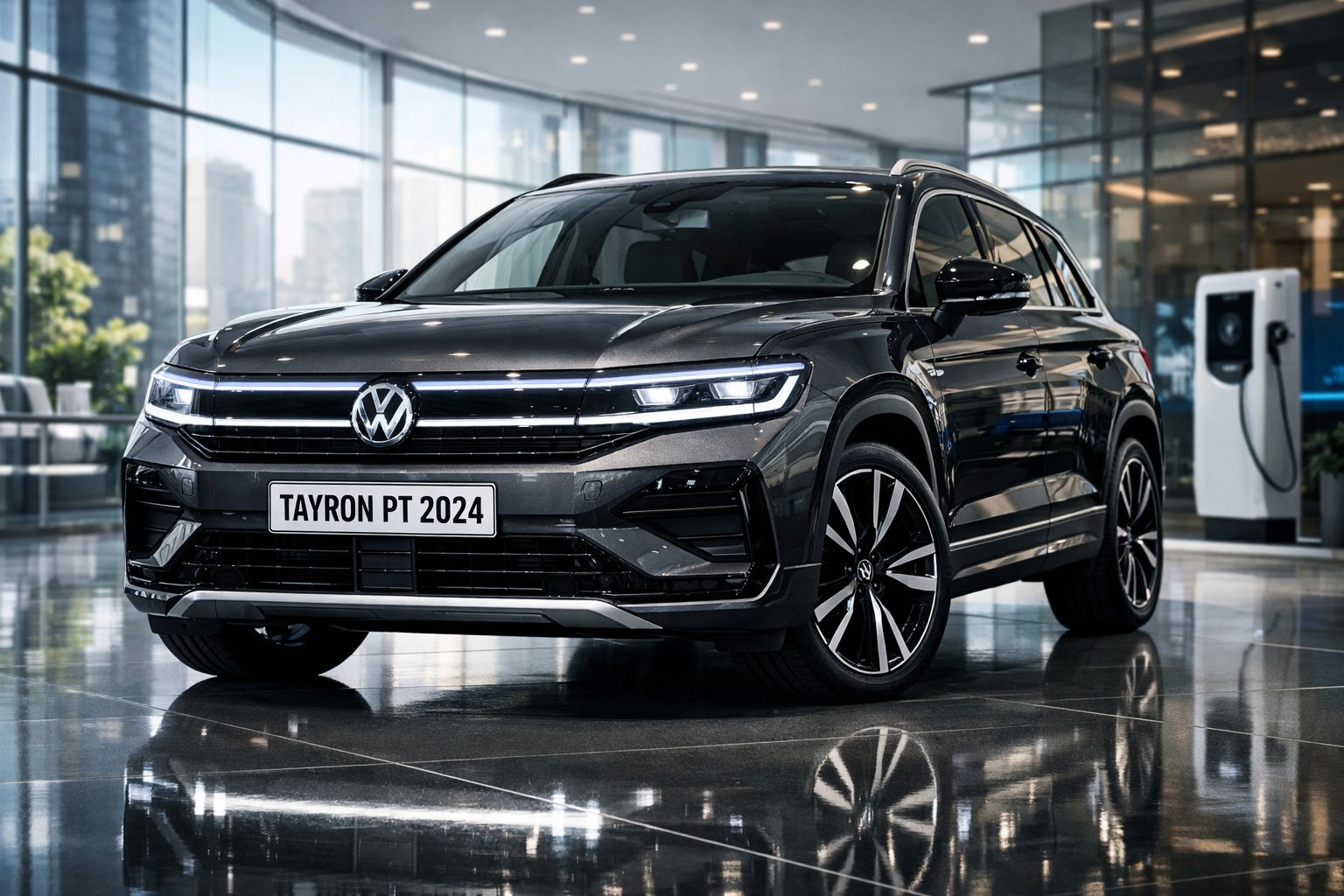Volkswagen Tayron PT 2024 cinzento estacionado em salão moderno com chão refletor e carregador elétrico.