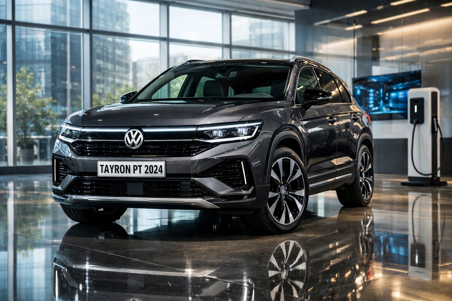Volkswagen Tayron 2024 cinzento escuro em showroom moderno com carregador elétrico ao fundo.