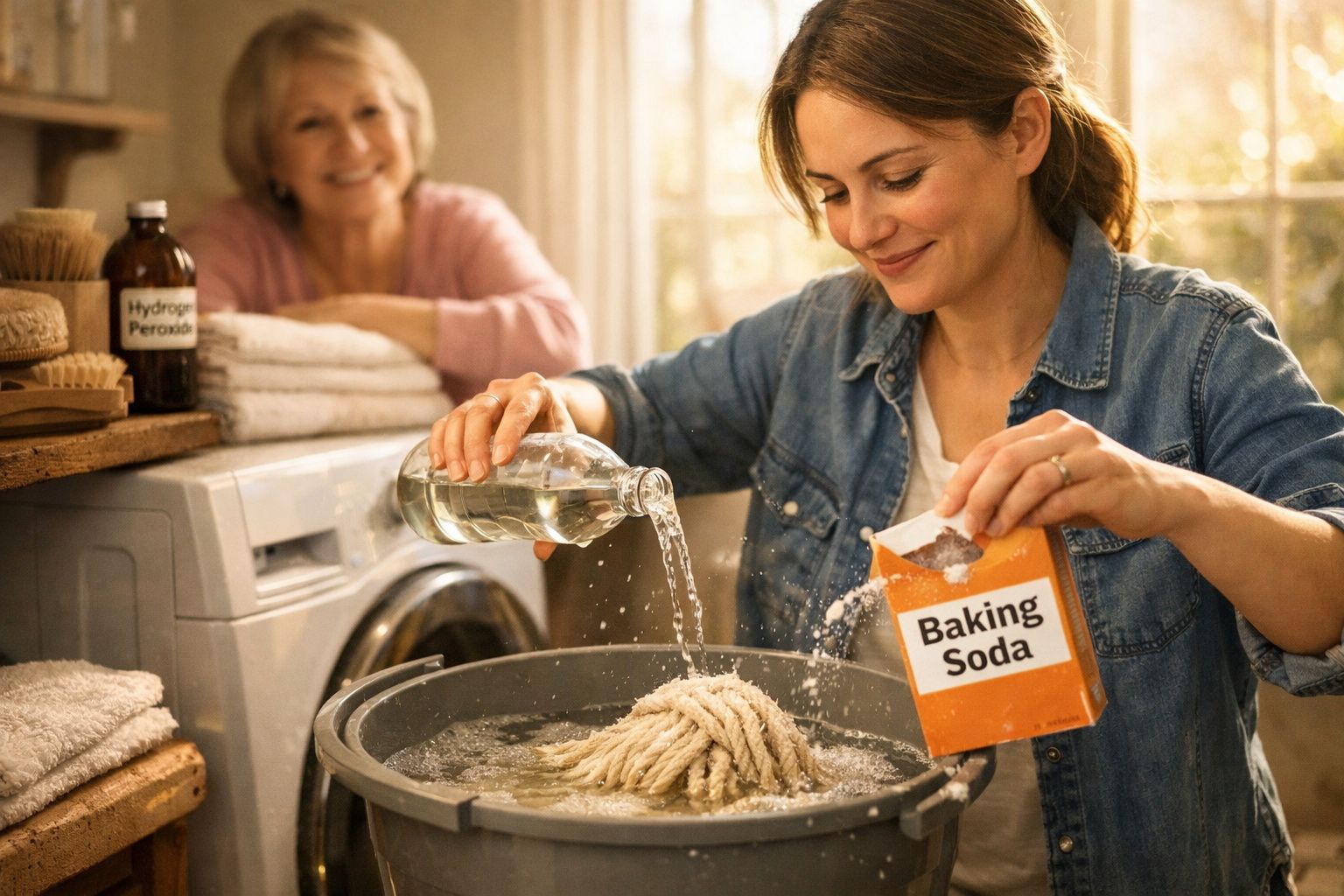 Mulher a fazer limpeza com bicarbonato e líquido numa casa enquanto outra sorri ao fundo.