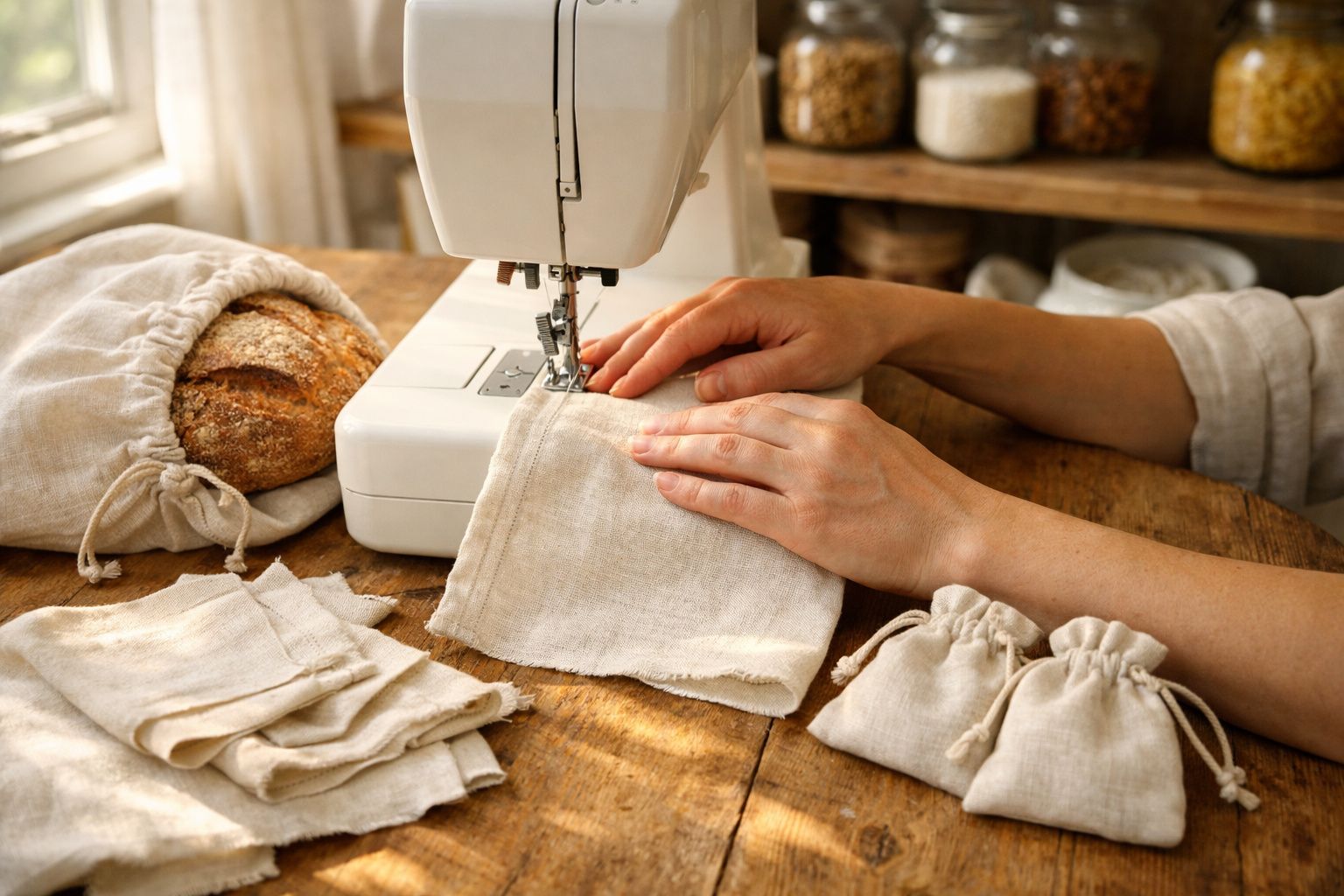 Pessoa a costurar tecido bege numa máquina de costura, com pão e sacos de pano na mesa de madeira.
