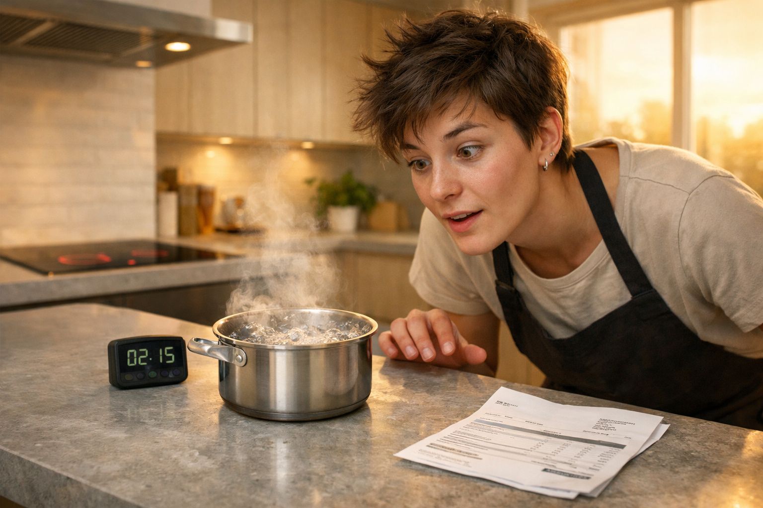 Pessoa jovem observa panela a ferver na cozinha com um temporizador digital ao lado.