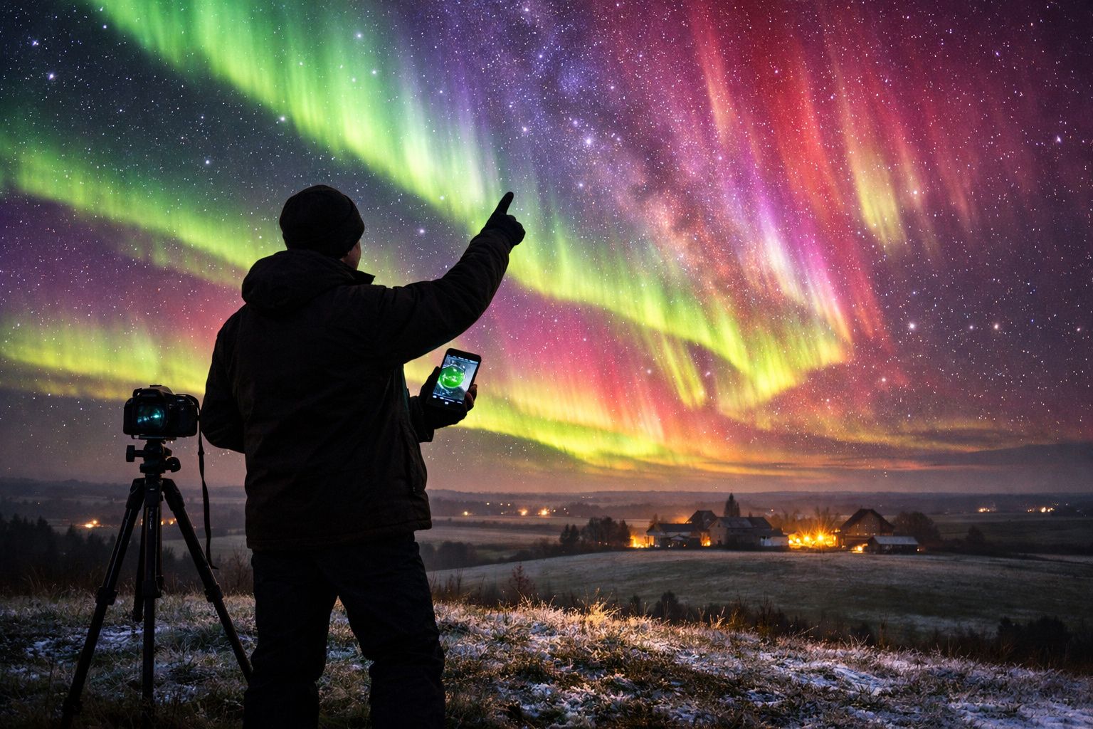 Pessoa a apontar para aurora boreal colorida no céu estrelado, com câmara montada em tripé.