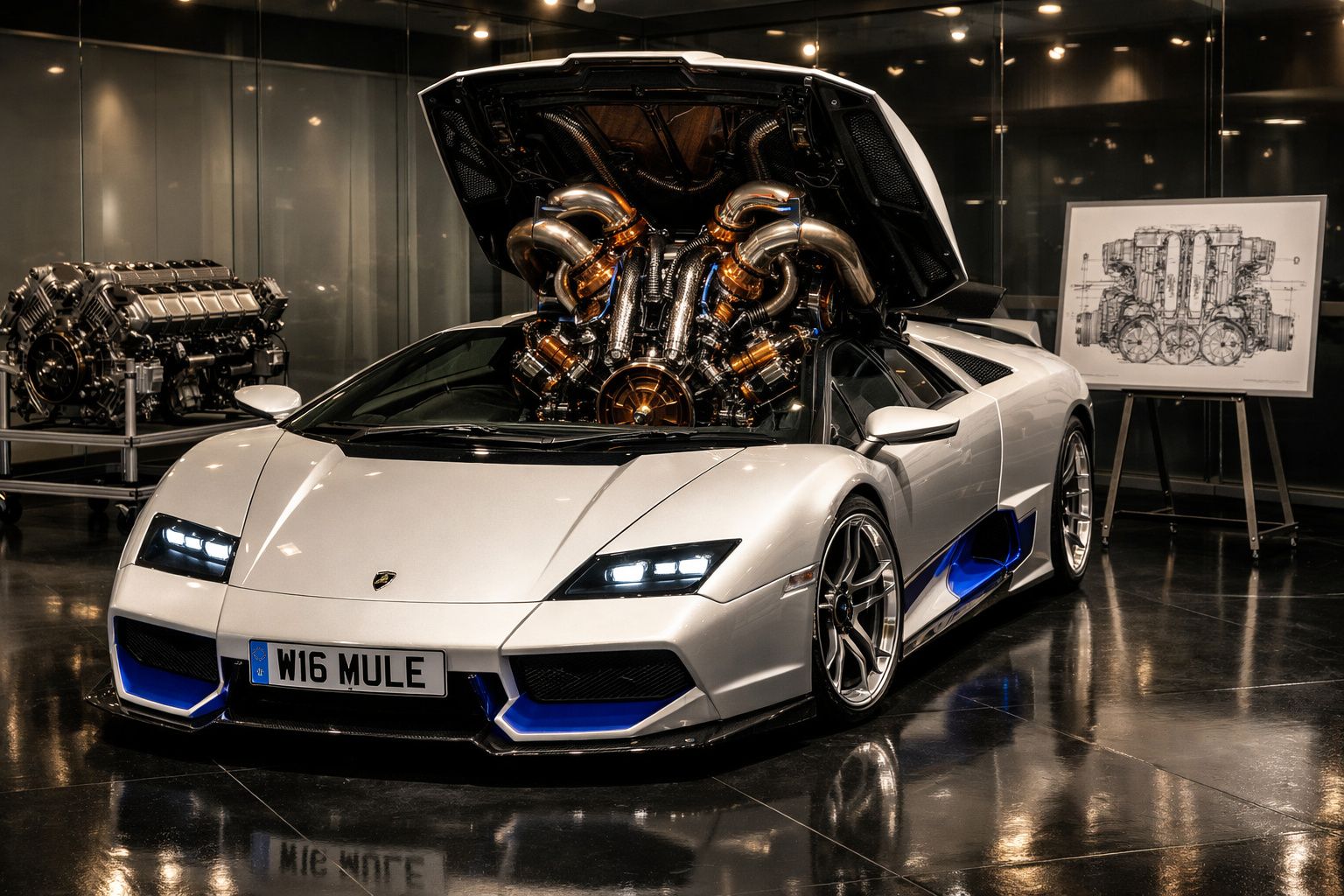 Carro desportivo branco com capot aberto mostrando motor W16 exposto em museu automóvel.