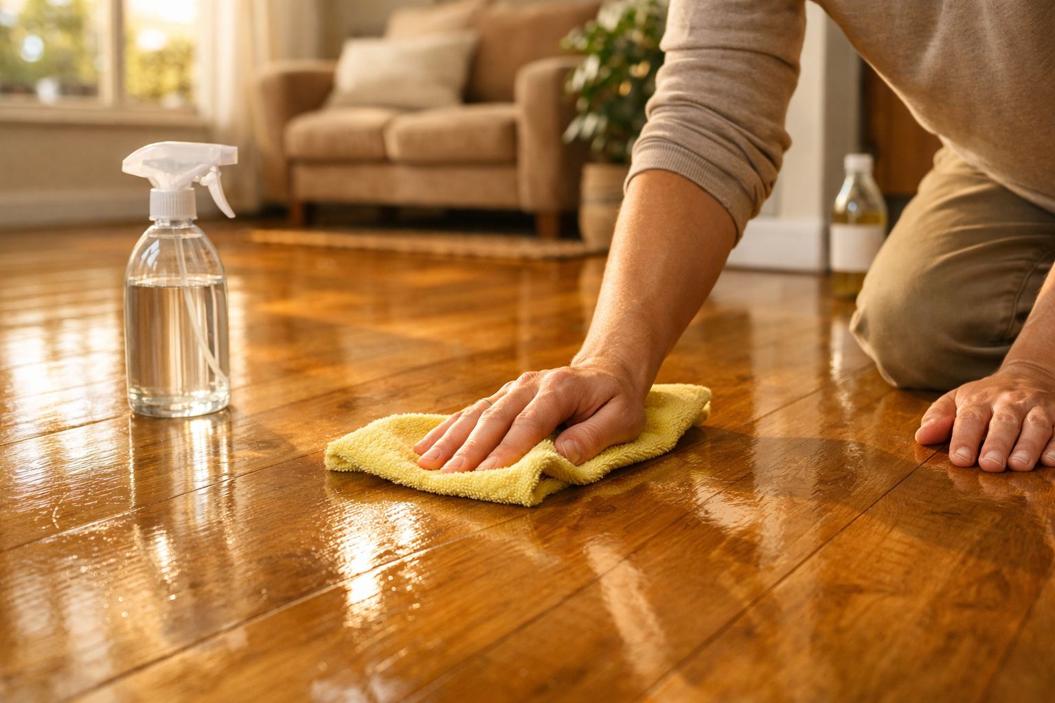 Pessoa a limpar chão de madeira com pano amarelo e pulverizador transparente num ambiente interior.