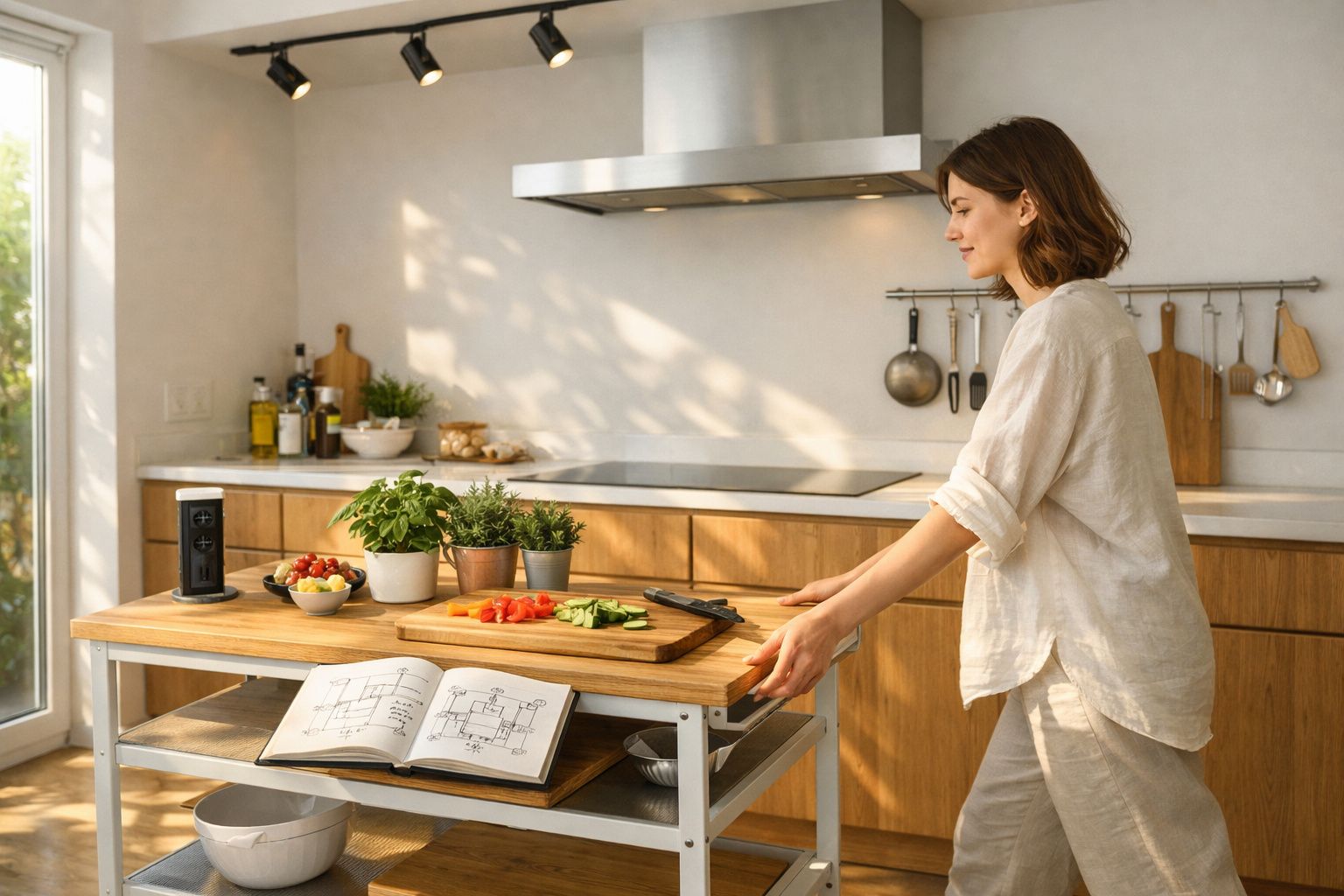 Mulher na cozinha moderna a preparar legumes frescos numa ilha móvel de madeira.
