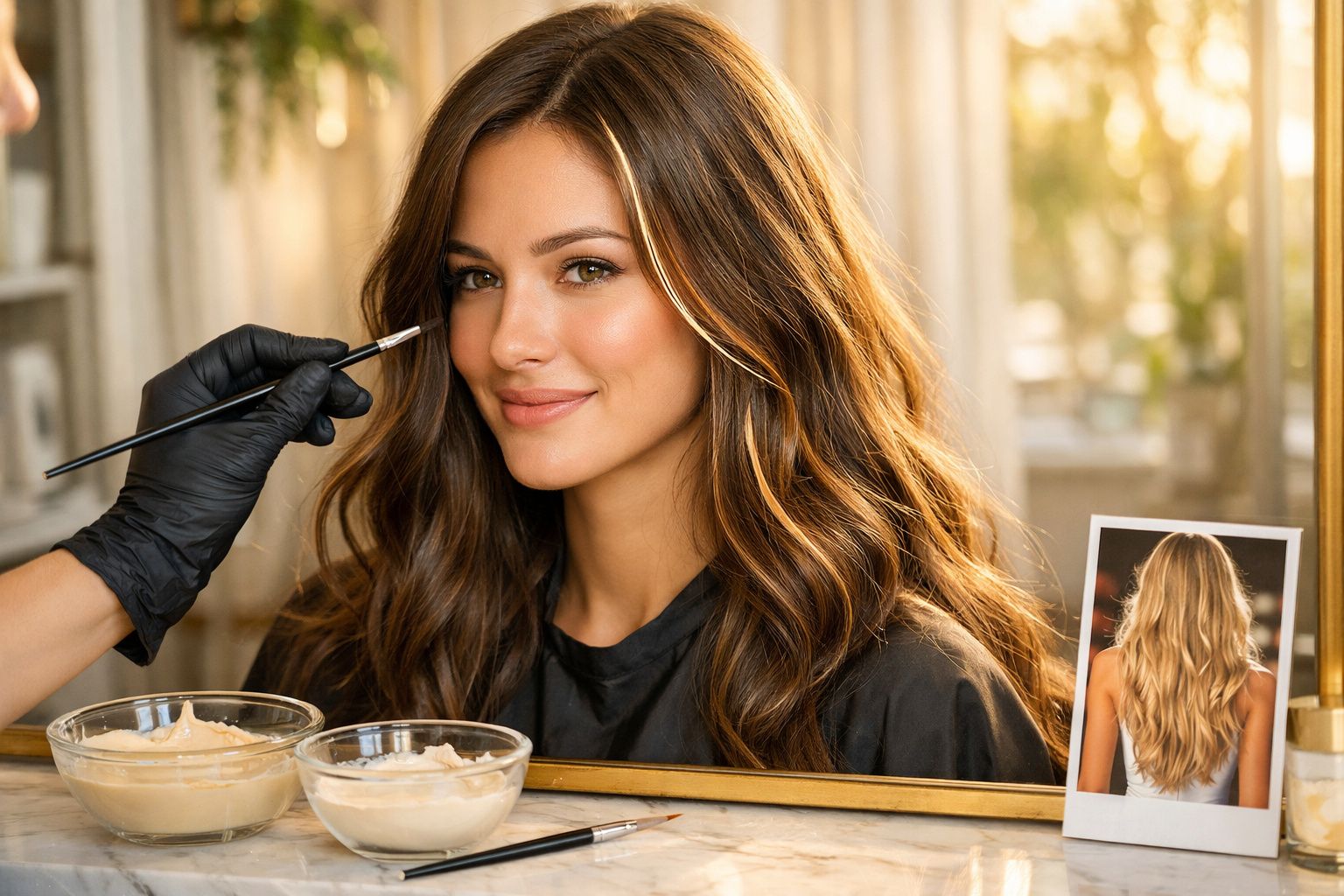 Mulher sorridente a receber coloração de cabelo castanho com mechas claras num salão de beleza.