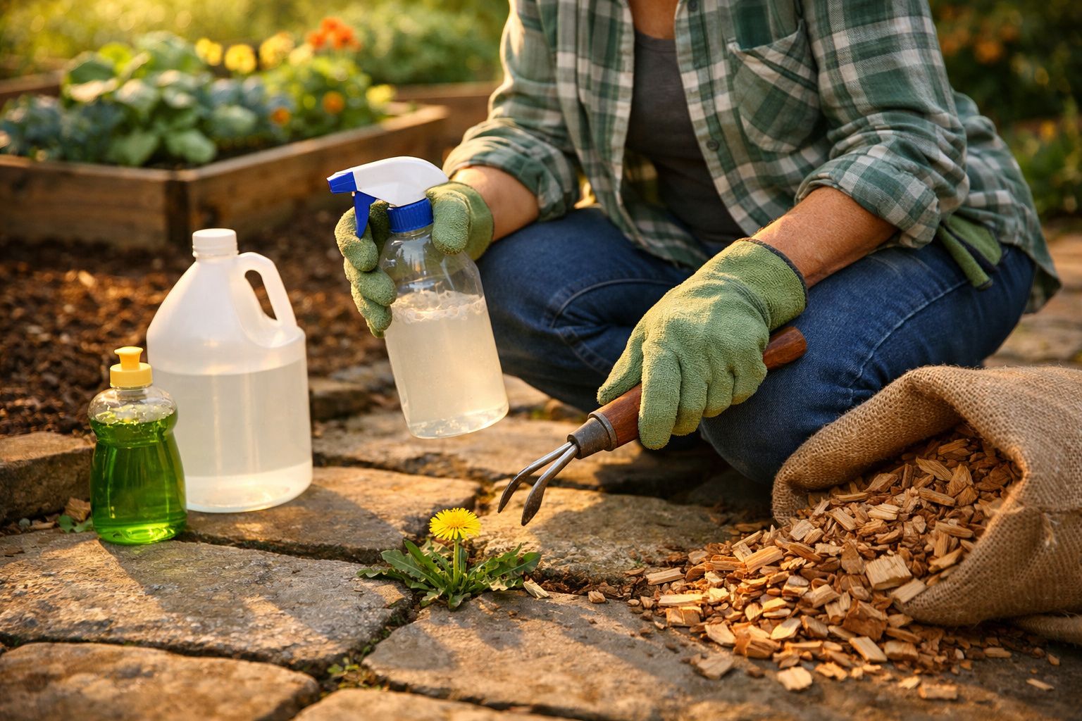 Pessoa com luvas verdes a usar pulverizador para tratar dente-de-leão num jardim com ferramentas e aparas de madeira.