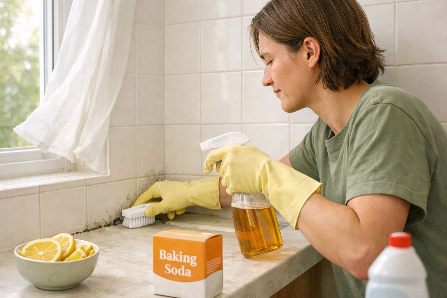 Mulher a limpar bolor numa parede da cozinha usando luvas, escova e solução de limpeza caseira.