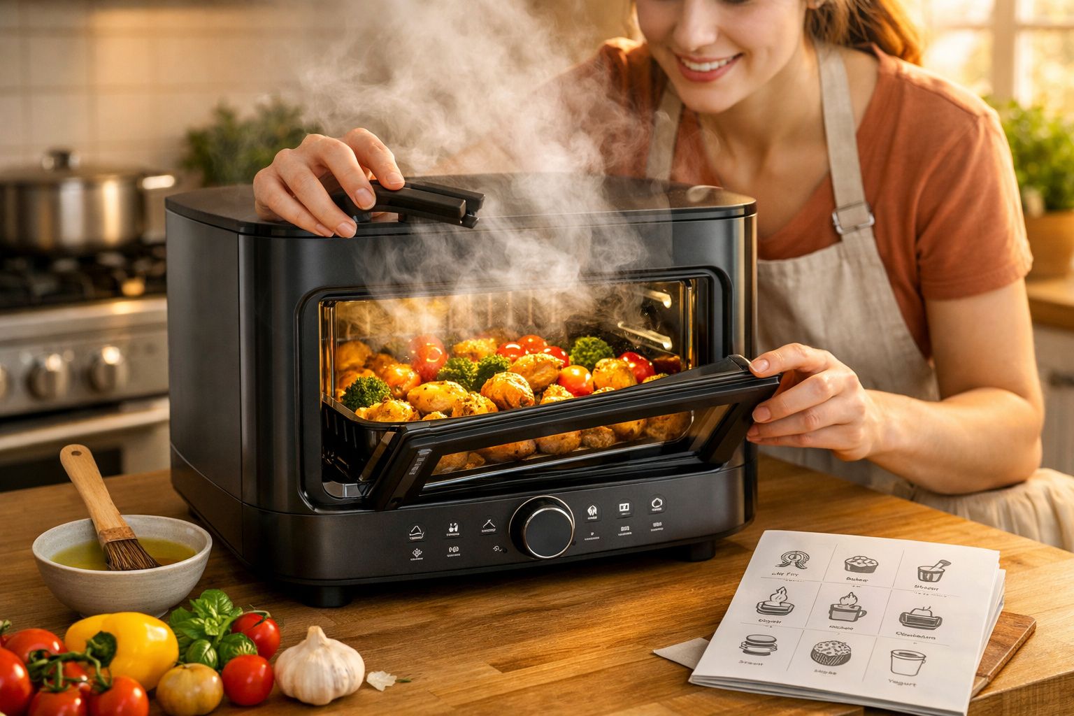 Mulher a retirar legumes quentes e a fumegar de forno elétrico na cozinha moderna.