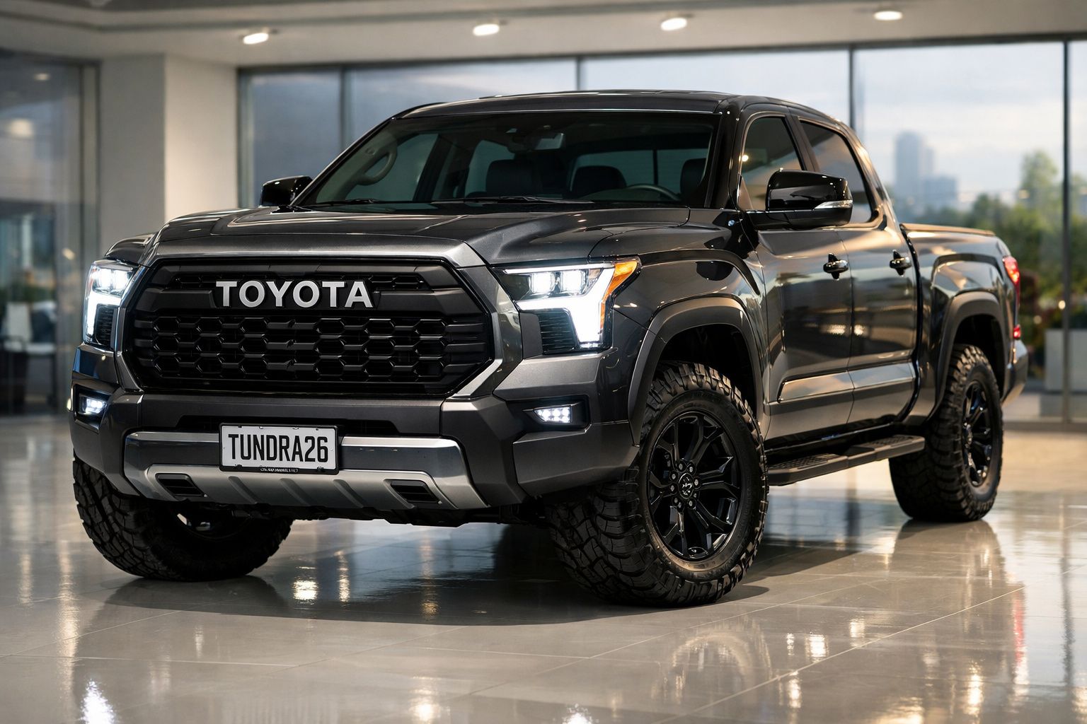 Picape Toyota Tundra cinzenta com faróis ligados em ambiente interior moderno.