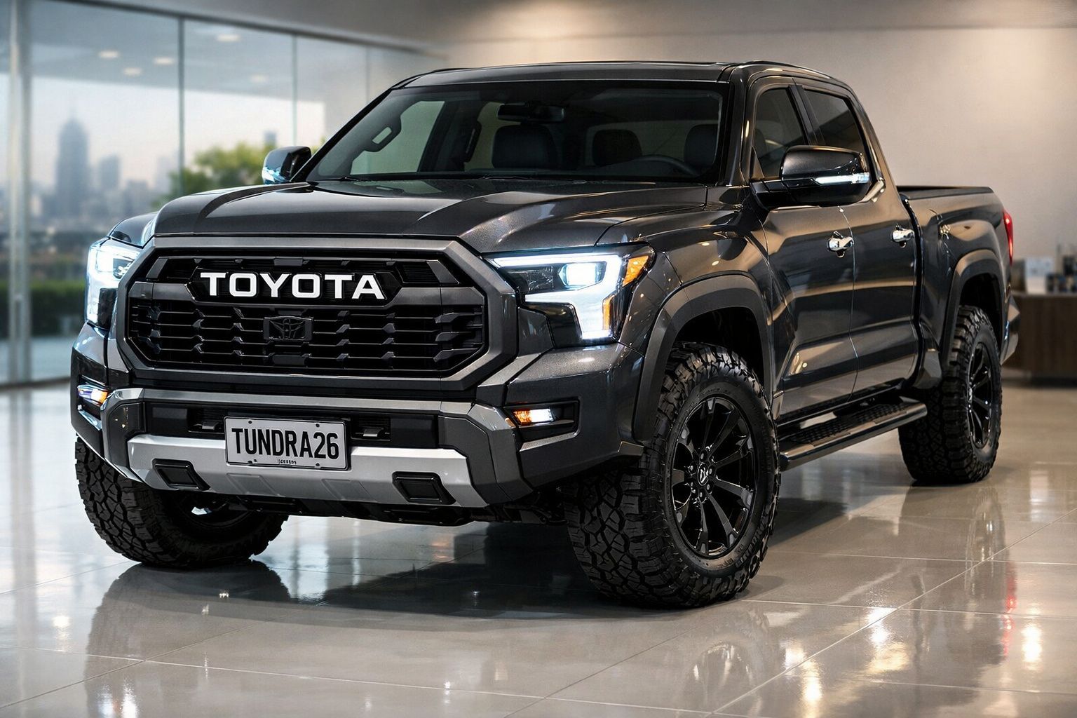 Toyota Tundra preta estacionada em ambiente interior com faróis ligados e pneus off-road.
