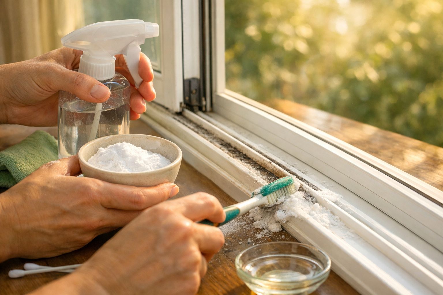 Mãos a limpar a moldura de uma janela com escova, bicarbonato de sódio e spray de limpeza.