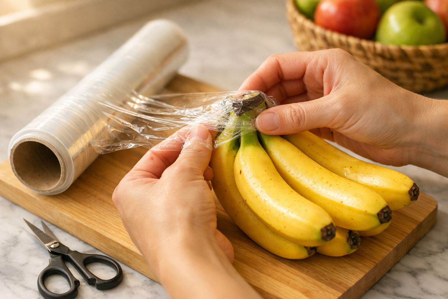 Mãos a embrulhar um cacho de bananas com película aderente numa tábua de madeira.