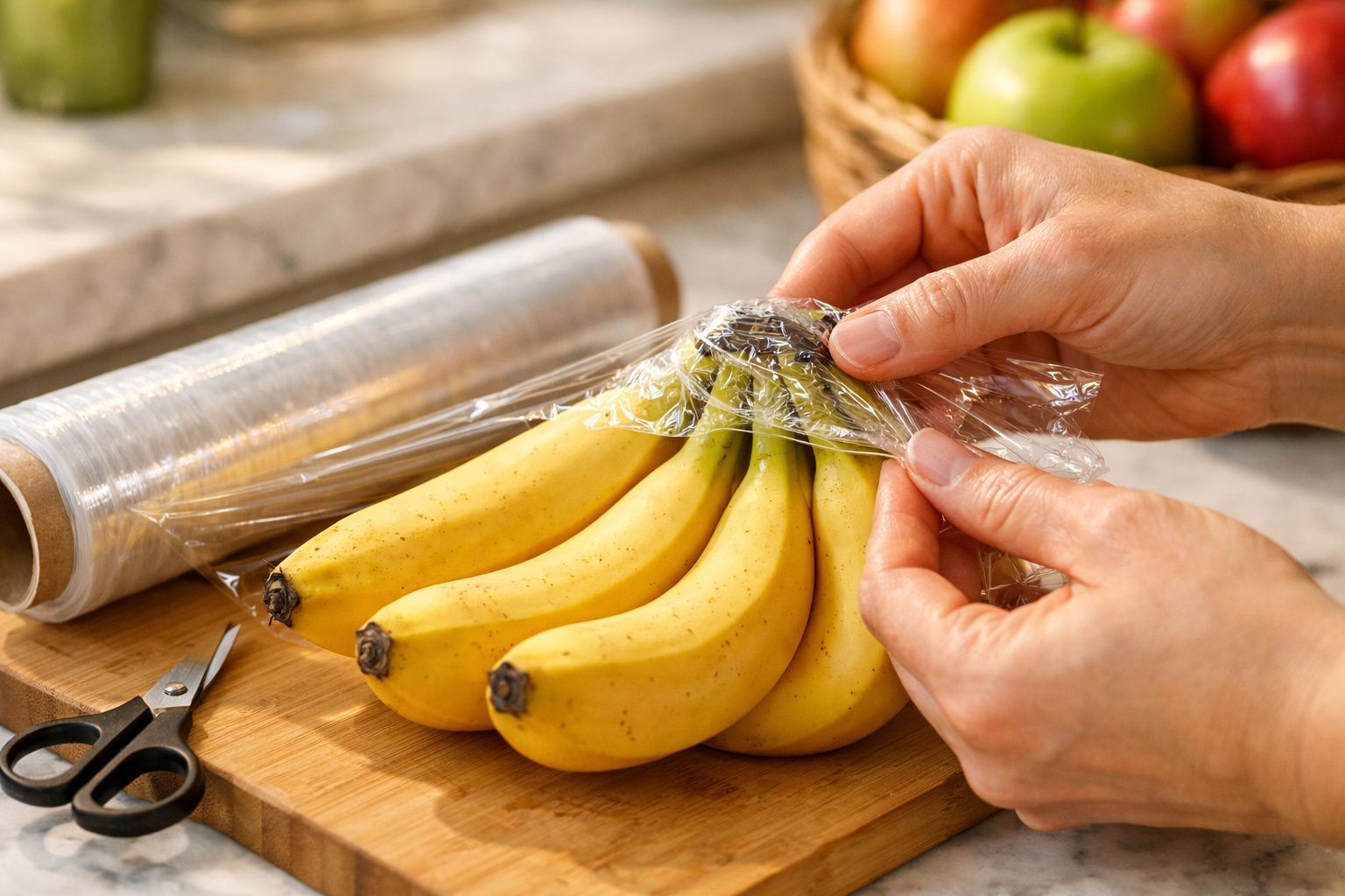 Mãos a embrulhar um cacho de bananas com película aderente numa tábua de cozinha.
