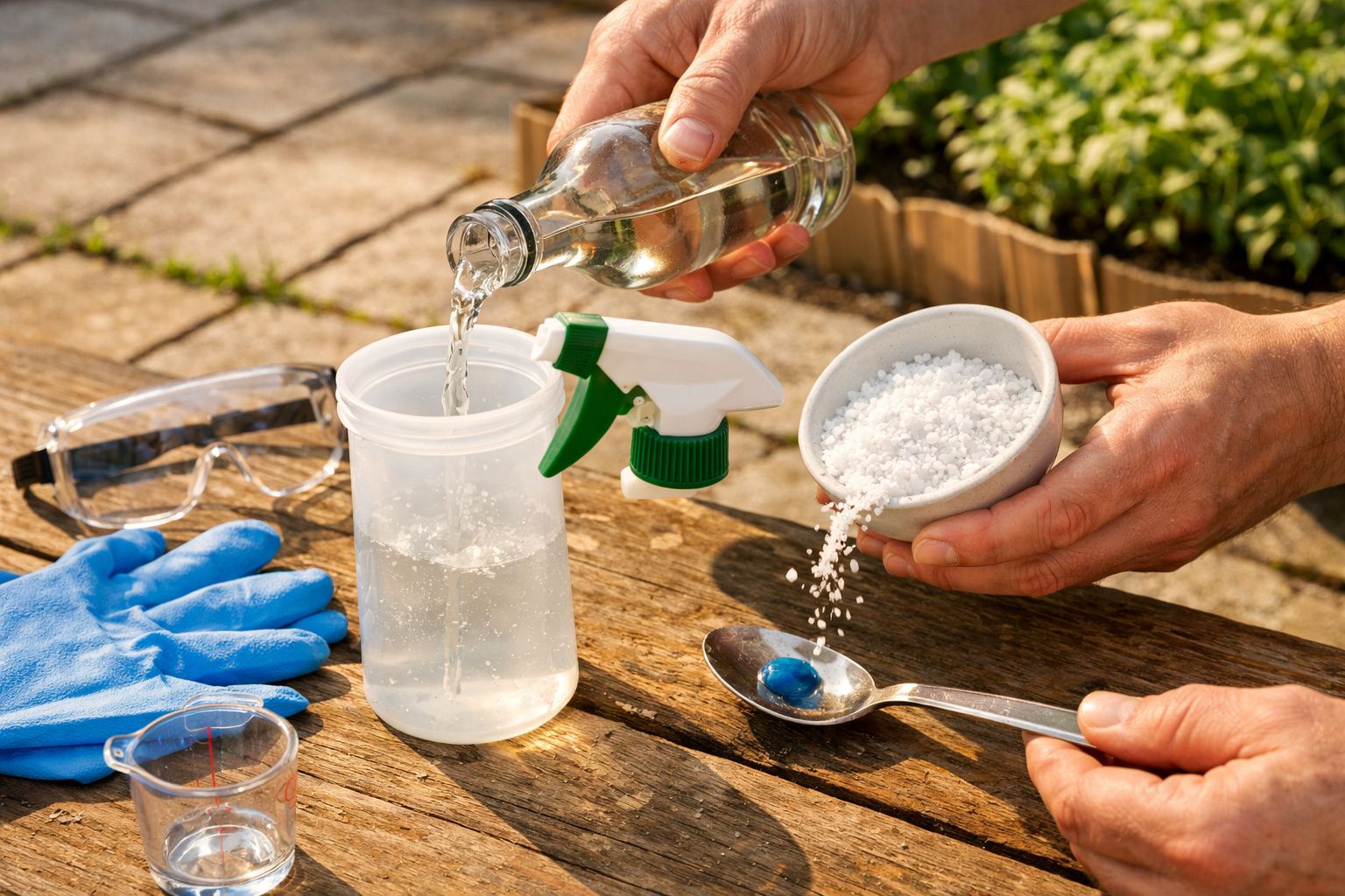 Mãos a preparar solução com vinagre, bicarbonato, luvas, óculos de proteção e colher numa mesa de madeira.