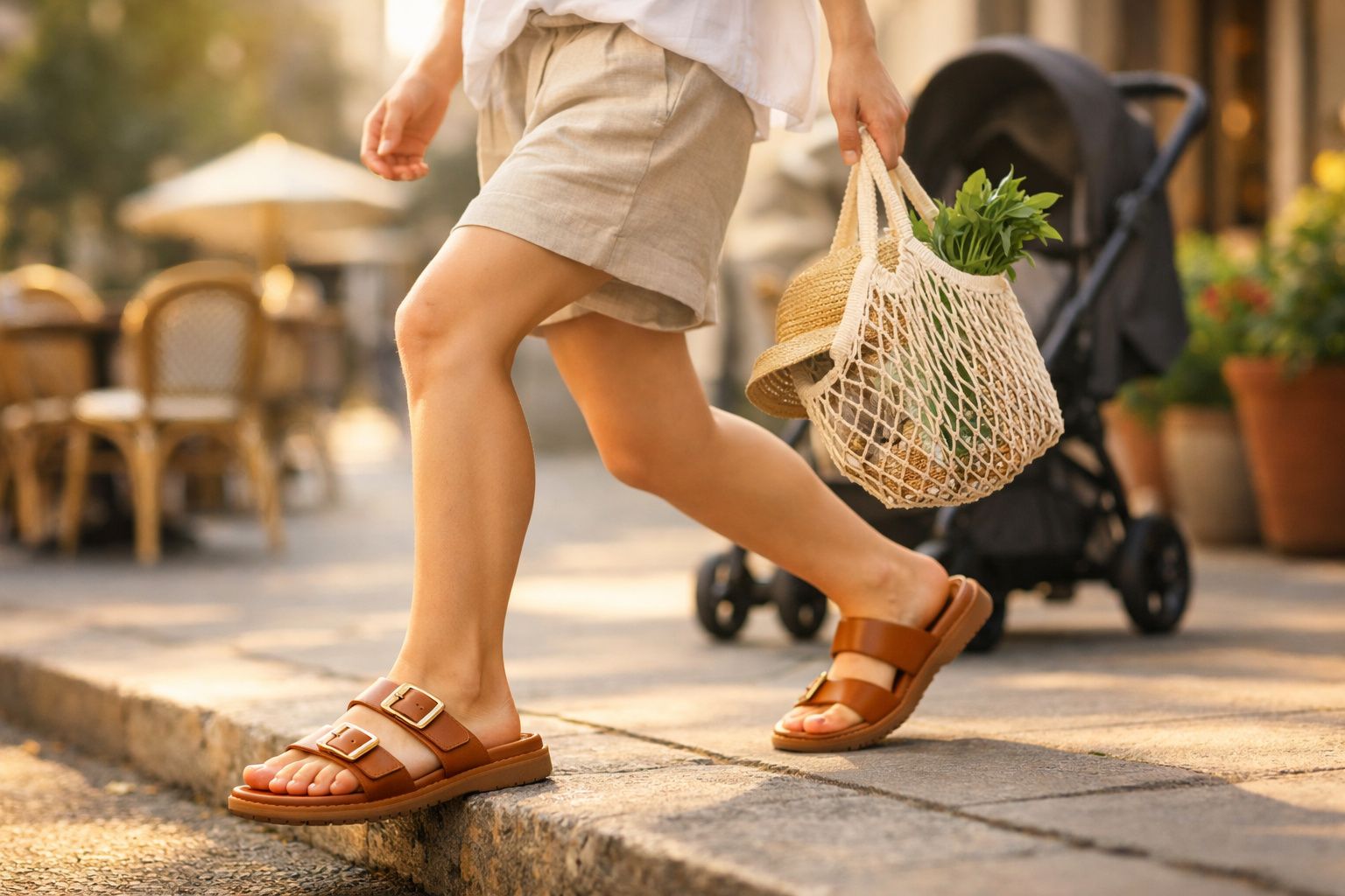 Pessoa a caminhar com sandálias castanhas, saia curta e saco de rede com legumes e chapéu, carrinho ao fundo.