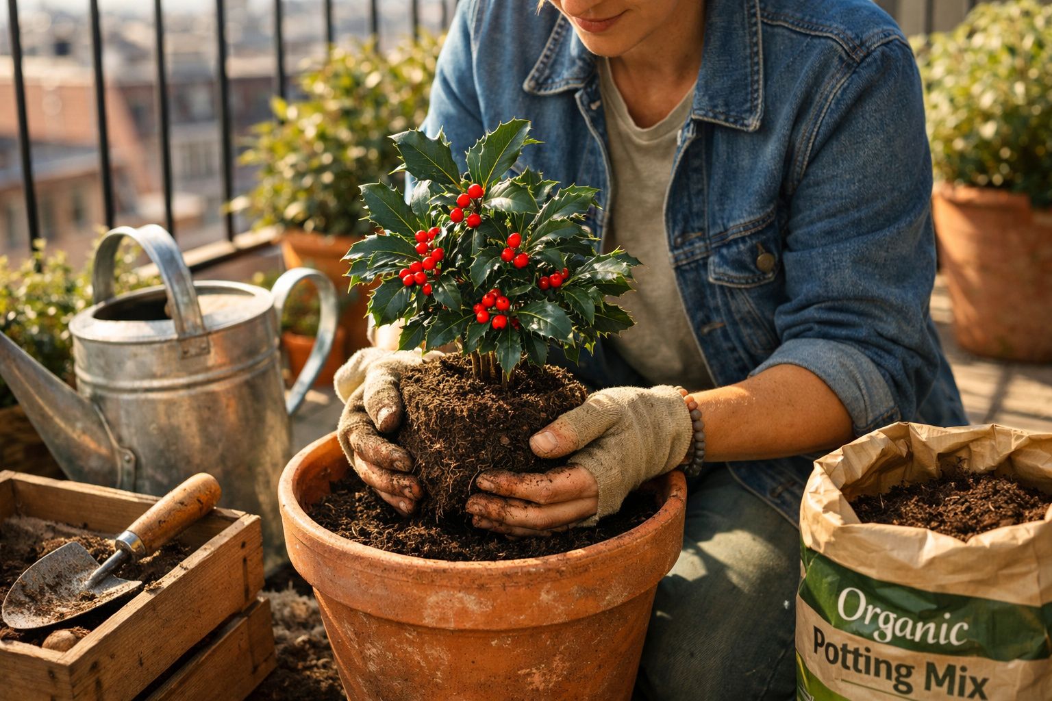 Pessoa a plantar azevinho com bagas vermelhas em vaso de barro num ambiente de jardinagem.