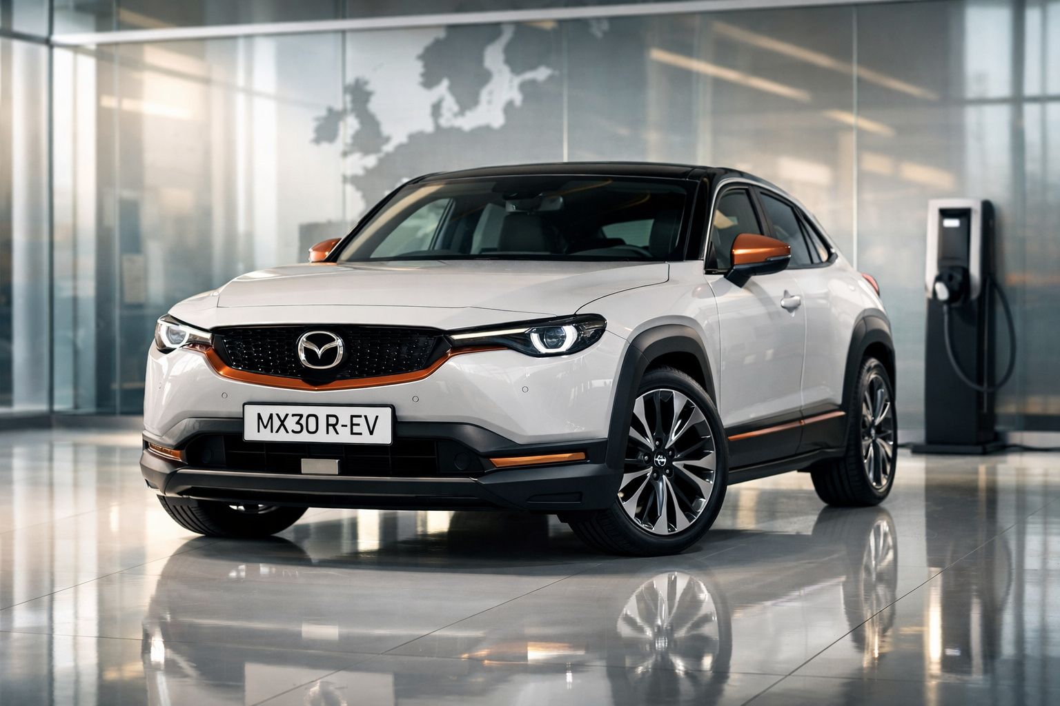 Carro Mazda MX-30 R-EV branco estacionado em sala com carregador elétrico ao fundo.
