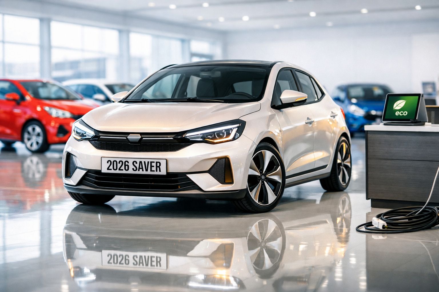 Carro elétrico branco estacionado em salão, com placa 2026 SAVER e carregador ligado com tablet eco.