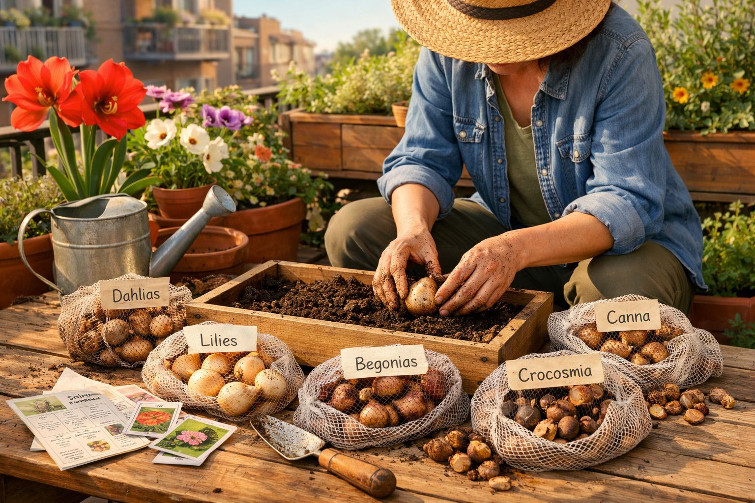 Pessoa a plantar bulbos de flores num vaso, rodeada por sacos de bolbos etiquetados e flores coloridas.