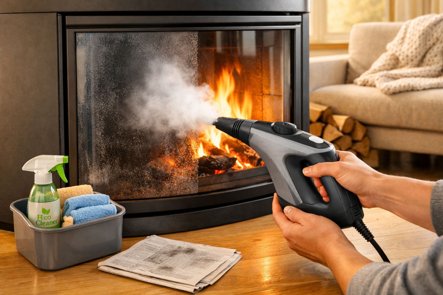 Pessoa a limpar a porta de vidro de uma lareira com vaporizador, ao lado produtos de limpeza e jornal.