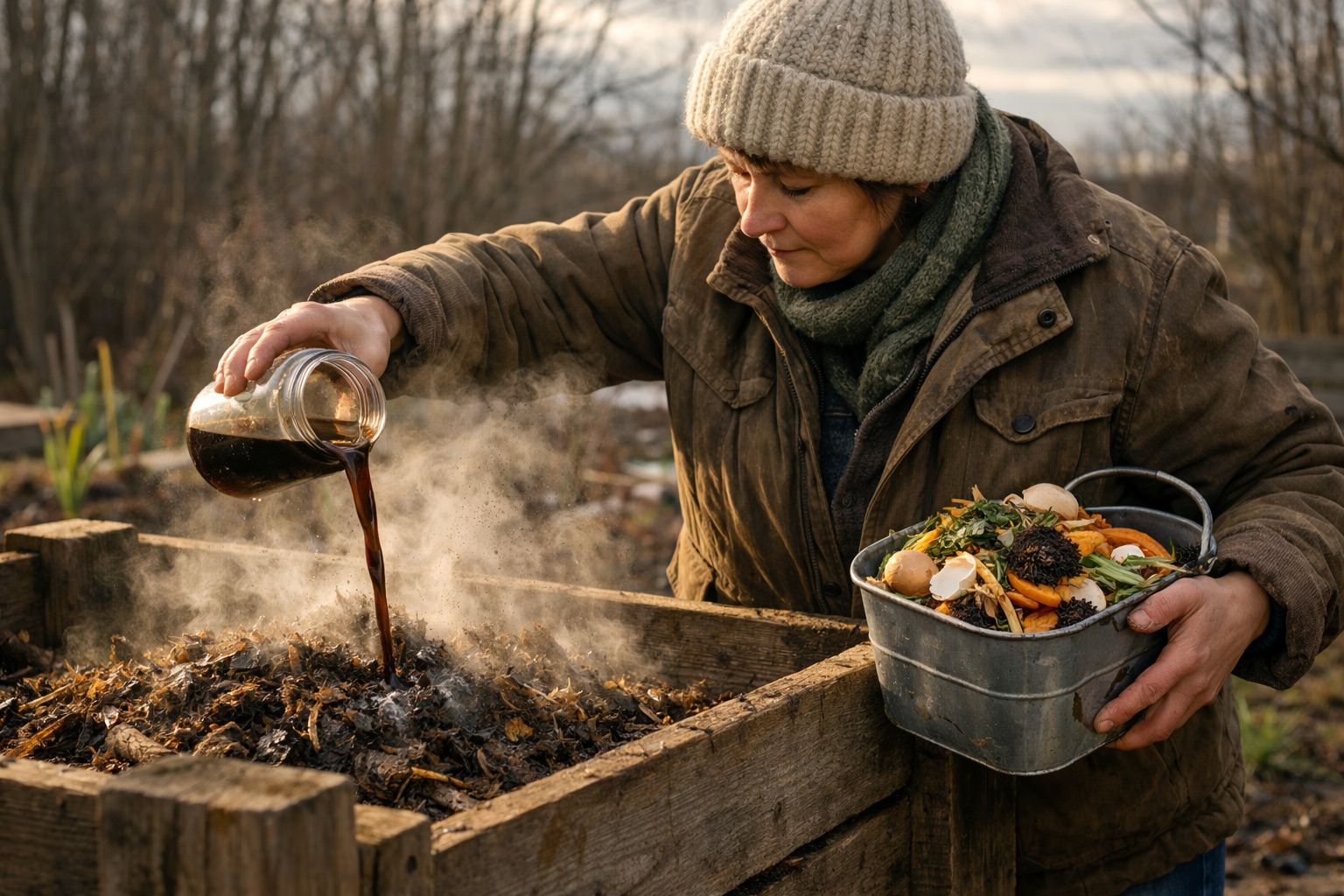 Pessoa a verter líquido escuro numa caixa de compostagem ao ar livre, segurando um balde com restos vegetais.