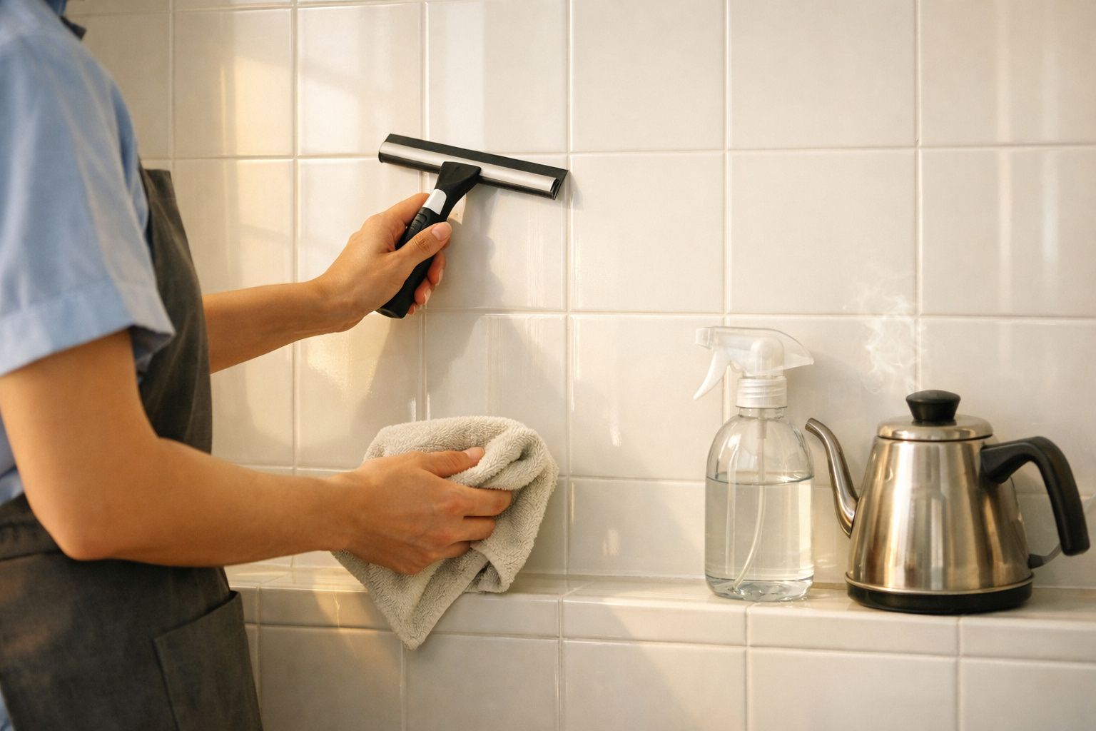 Pessoa a limpar azulejos brancos com esfregona e pano junto a um pulverizador e um bule metálico.