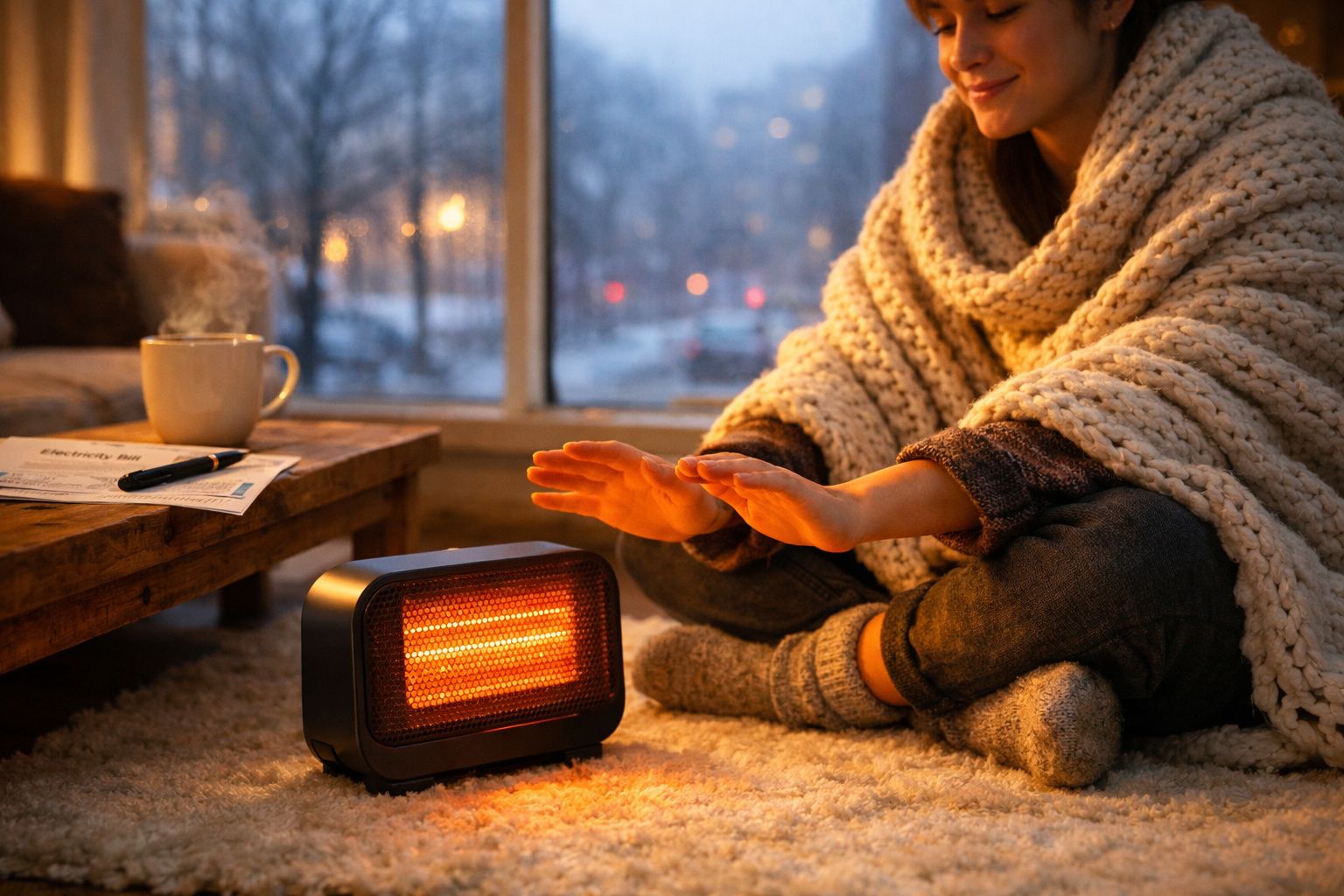 Pessoa vestida com camisola e manta aquece as mãos junto a aquecedor elétrico num ambiente acolhedor.