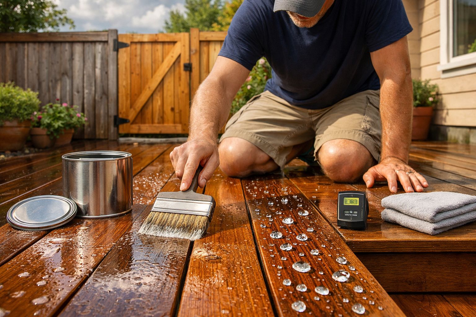 Pessoa a aplicar verniz impermeabilizante numa madeira de terraço exterior com pincel.
