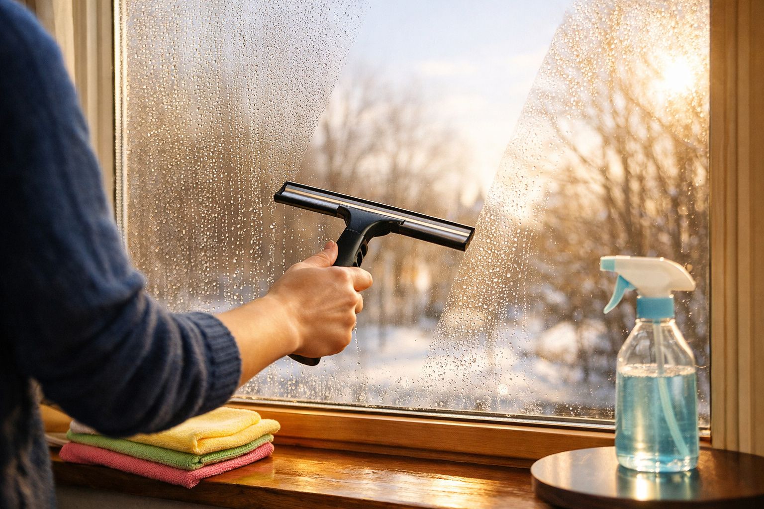 Pessoa a limpar uma janela com limpa-vidros e squeegee, com panos coloridos ao lado.