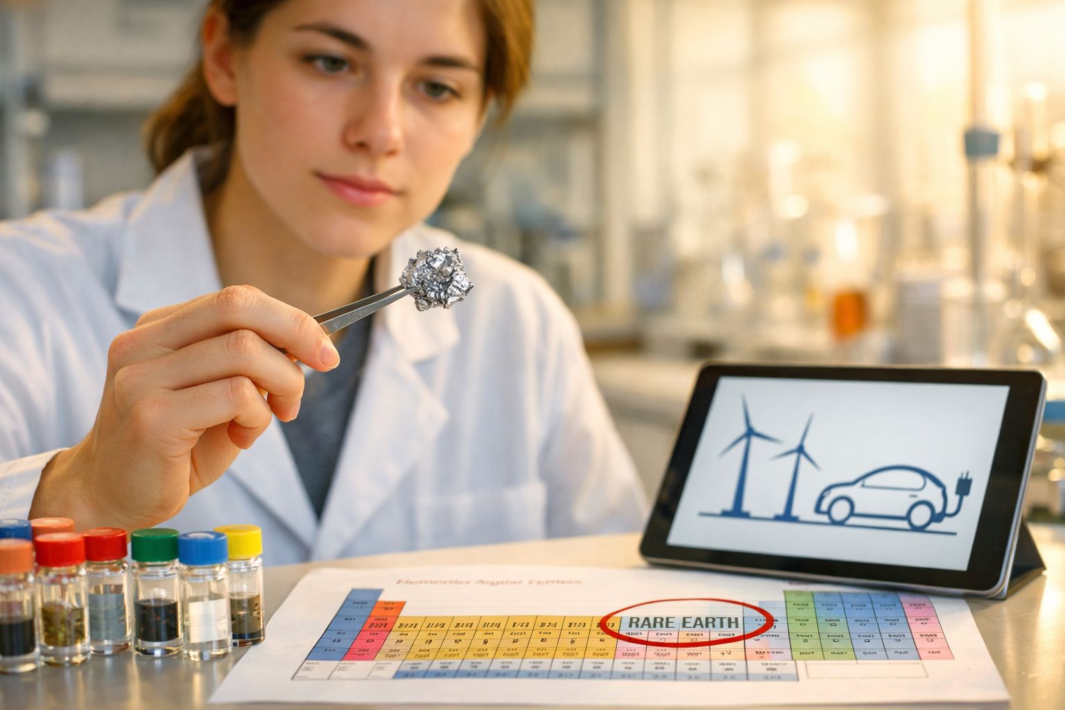 Cientista segura material raro com pinça em laboratório, com tabela periódica e imagem de energia renovável ao fundo.