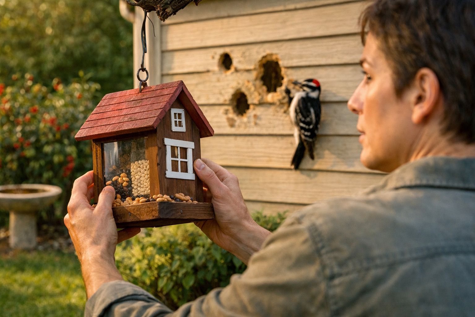 Pessoa a colocar comedouro em forma de casinha para pássaros, com pica-pau numa parede de madeira ao fundo.