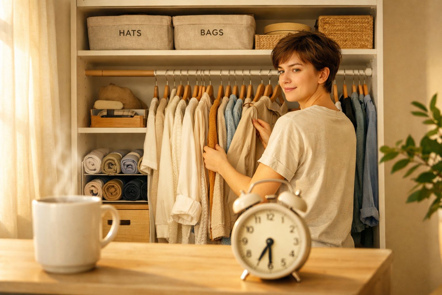 Mulher a escolher roupa num armário organizado, com relógio e caneca em primeiro plano.
