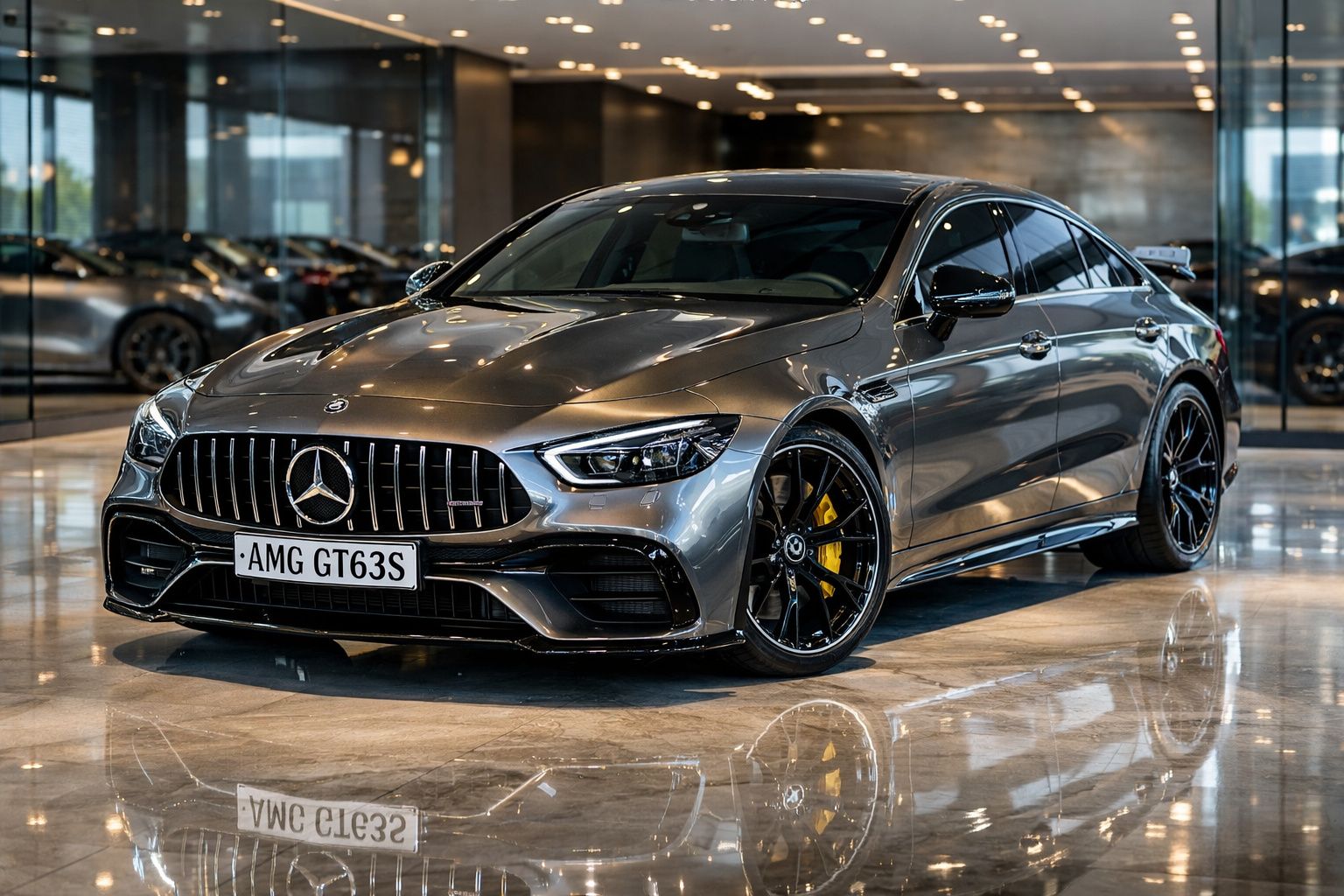 Mercedes-Benz AMG GT 63 S cinzento metálico estacionado num showroom com piso brilhante e iluminação ambiente.