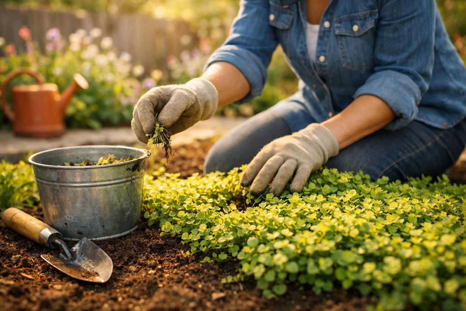 Pessoa de luvas a arrancar ervas daninhas num jardim com regador e enxada ao lado.