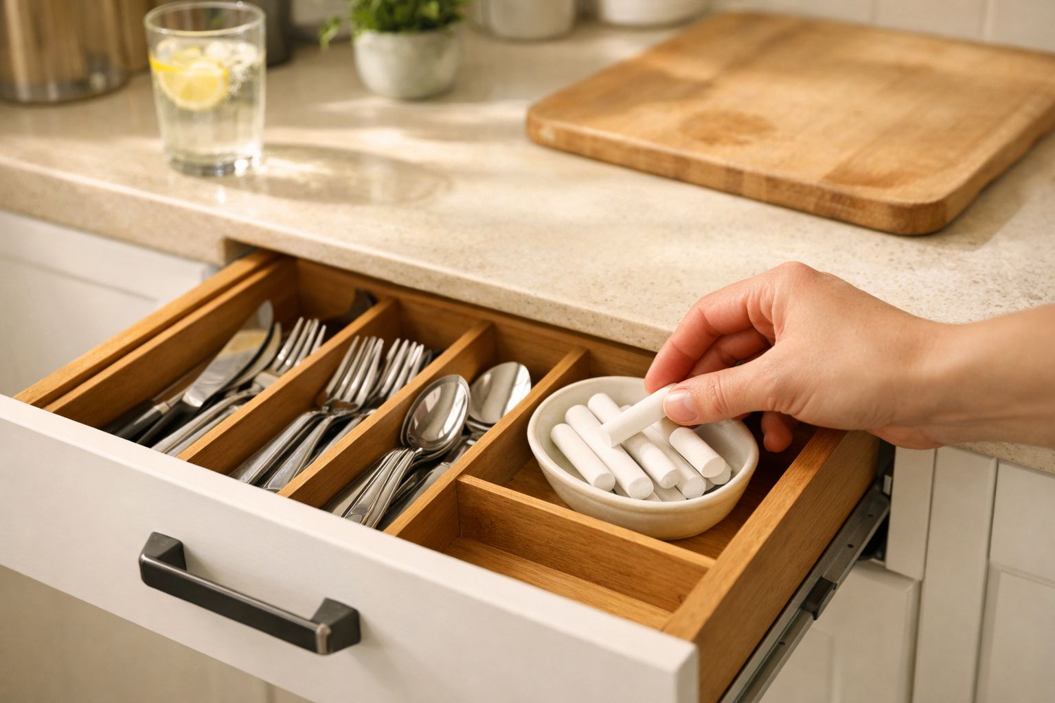 Mão a retirar um cigarro branco de um recipiente dentro de uma gaveta com talheres numa cozinha.